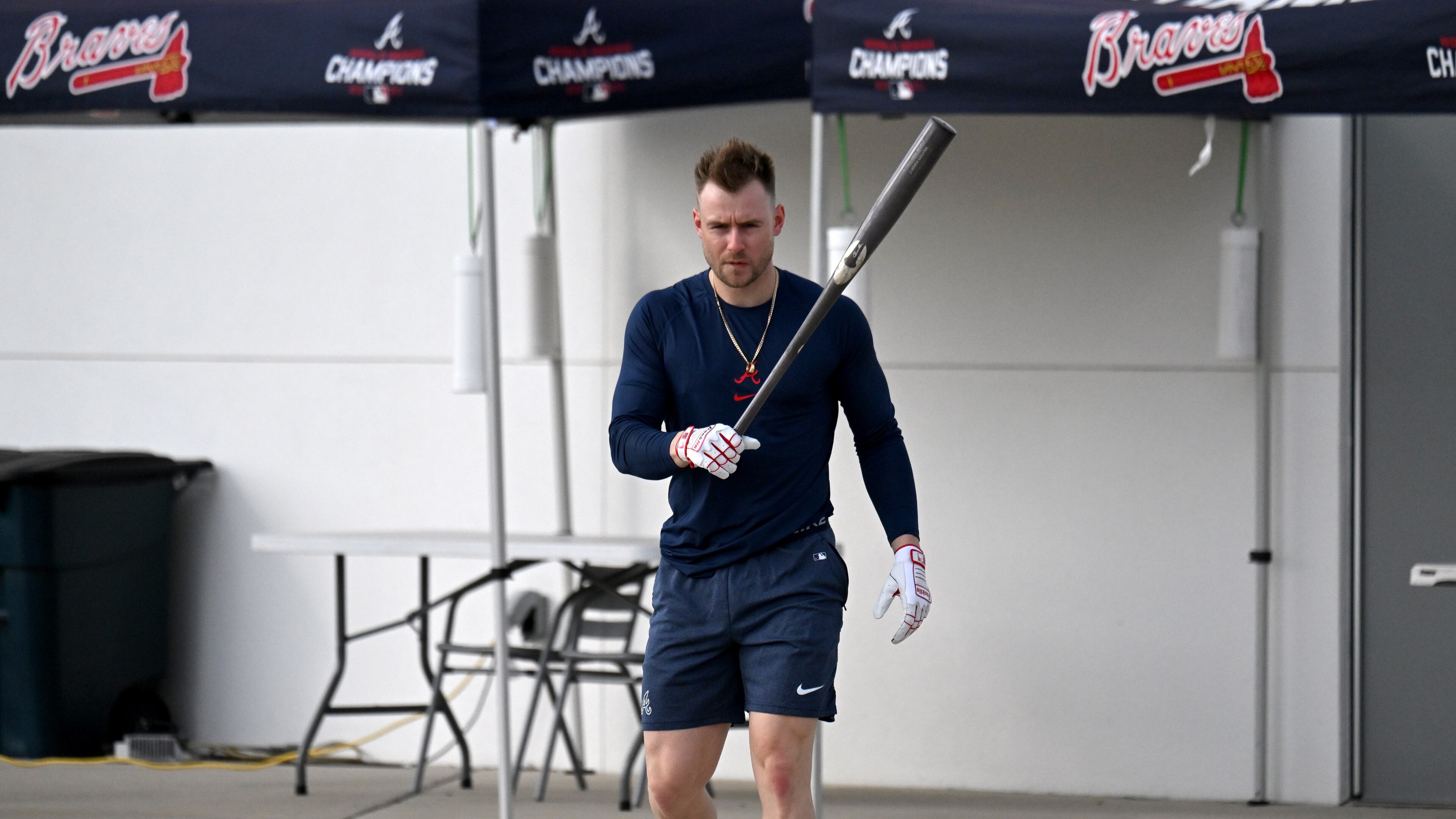 Atlanta Braves outfielder Jarred Kelenic prepares to take batting practice during the first of the Braves pitchers and catchers report to spring training at CoolToday Park, Wednesday, February 12, 2025, North Port, Florida. (Hyosub Shin / AJC)
