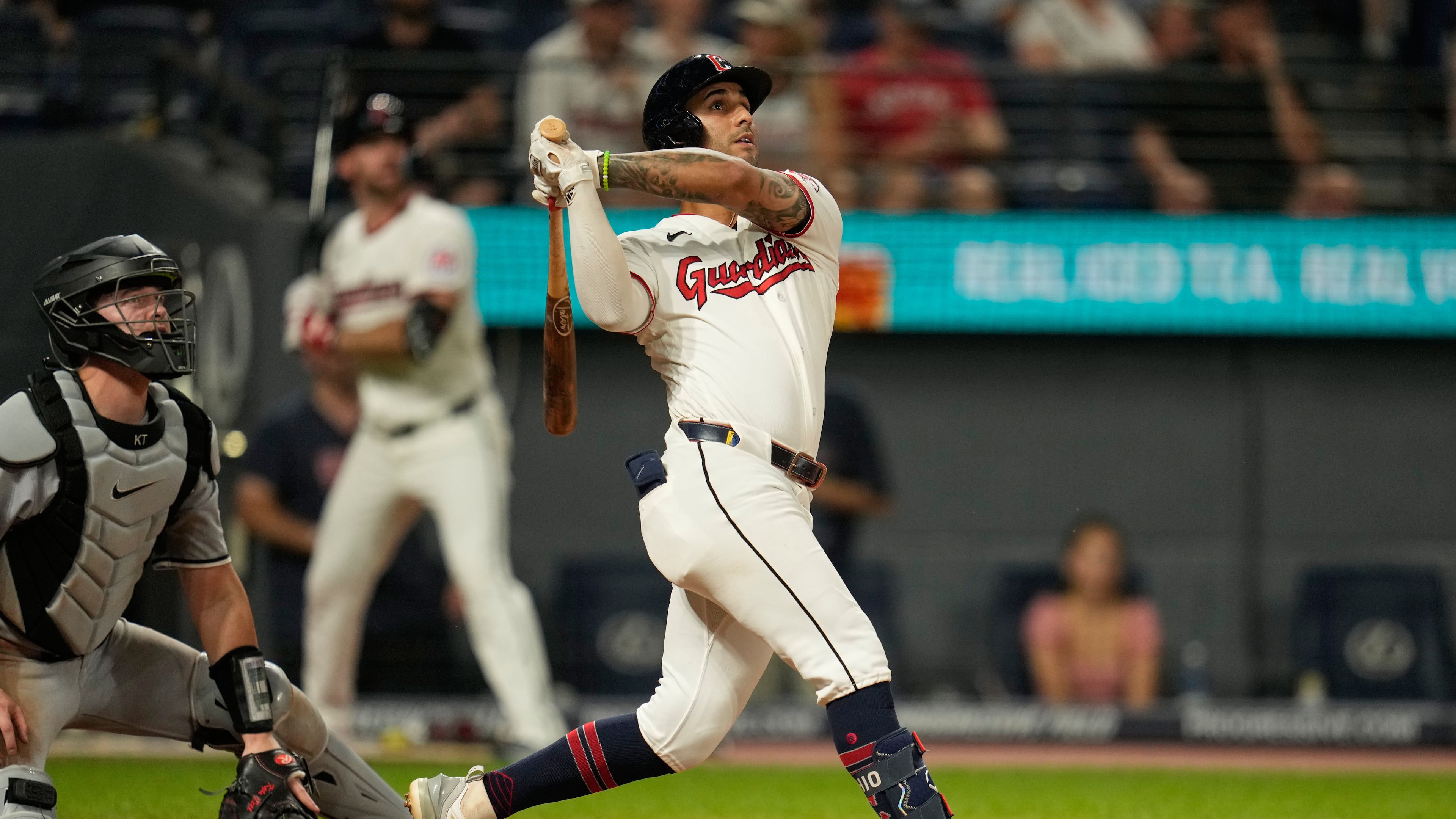 Cleveland Guardians' Brayan Rocchio watches his game winning home run in the ninth inning of a baseball game against the Chicago White Sox in Cleveland, Thursday, July 2, 2026. (AP Photo/Sue Ogrocki)