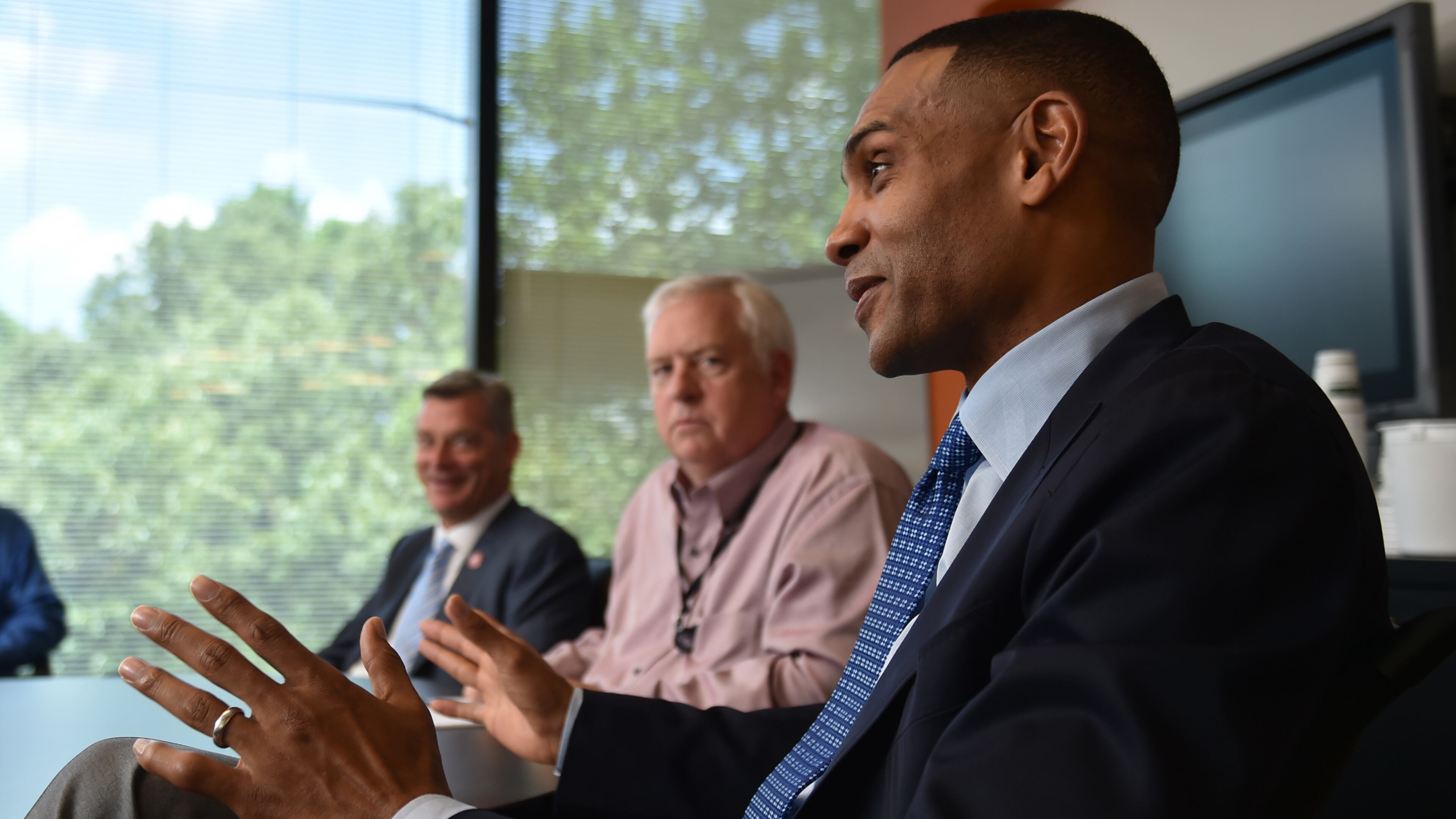 June 25, 2105 Atlanta: The Atlanta Hawks new principal owner Tony Ressler and partner Grant Hill, pictured, met with Atlanta Journal Constitution editors, managers and reporters Thursday June 25, 2015. BRANT SANDERLIN/BSANDERLIN@AJC.COM