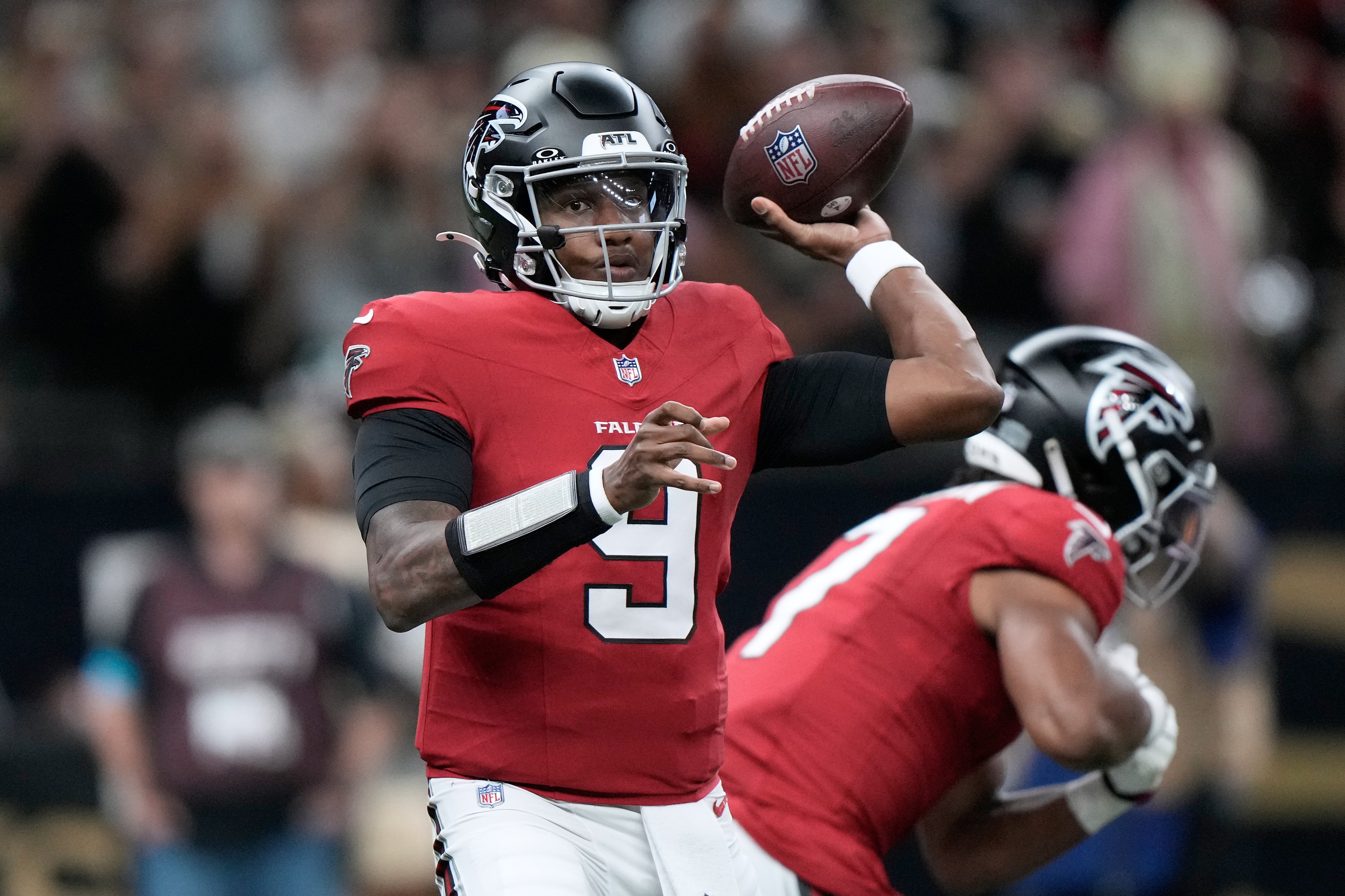 Atlanta Falcons quarterback Michael Penix Jr. passes against the New Orleans Saints during the first half of an NFL football game in New Orleans, Monday, Oct. 5, 2026. (Gerald Herbert/AP)