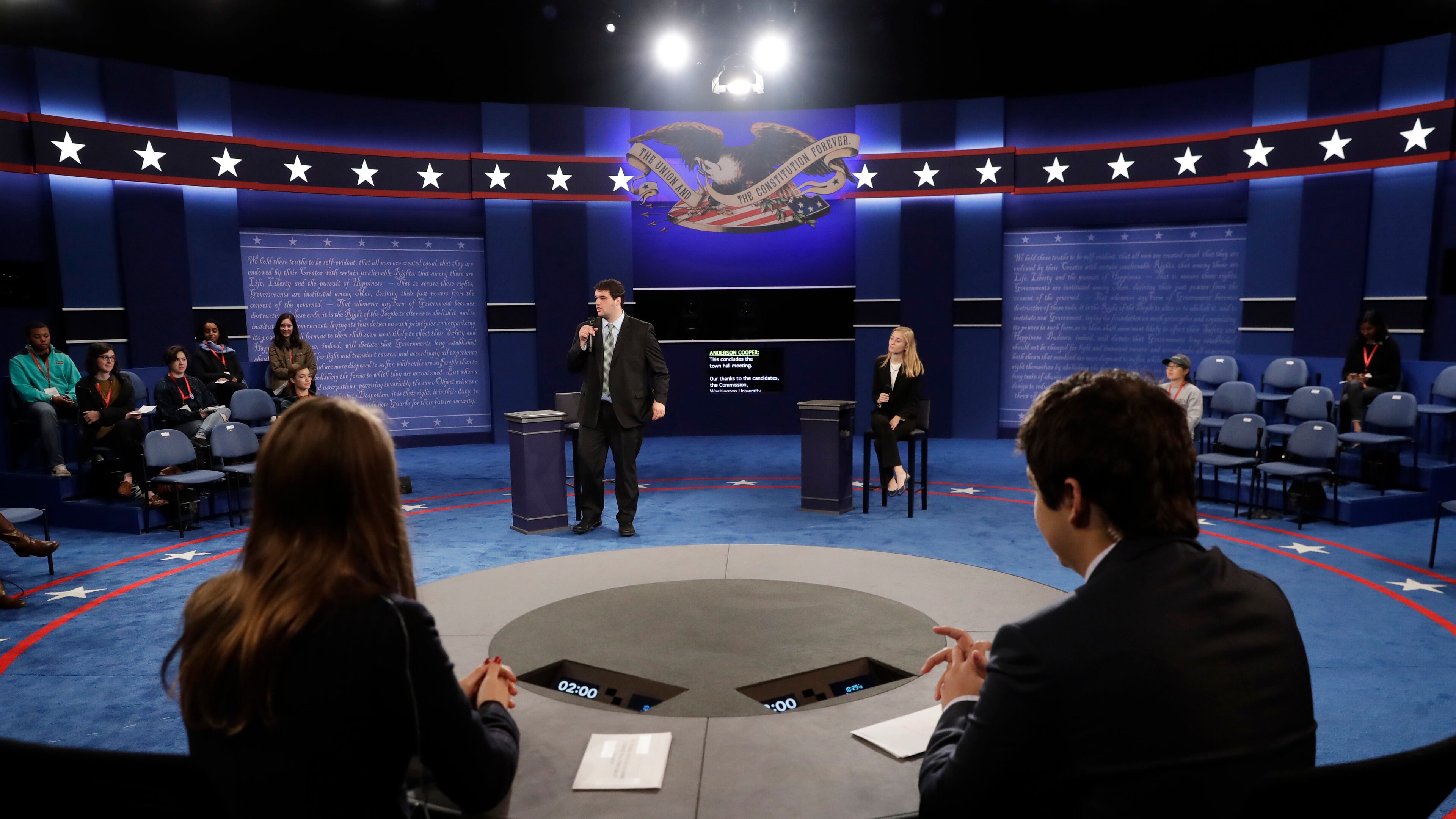 Students stand in on stage before the second presidential debate between Republican presidential nominee Donald Trump and Democratic presidential nominee Hillary Clinton at Washington University in St. Louis, Sunday, Oct. 9, 2016. (AP Photo/Patrick Semansky)