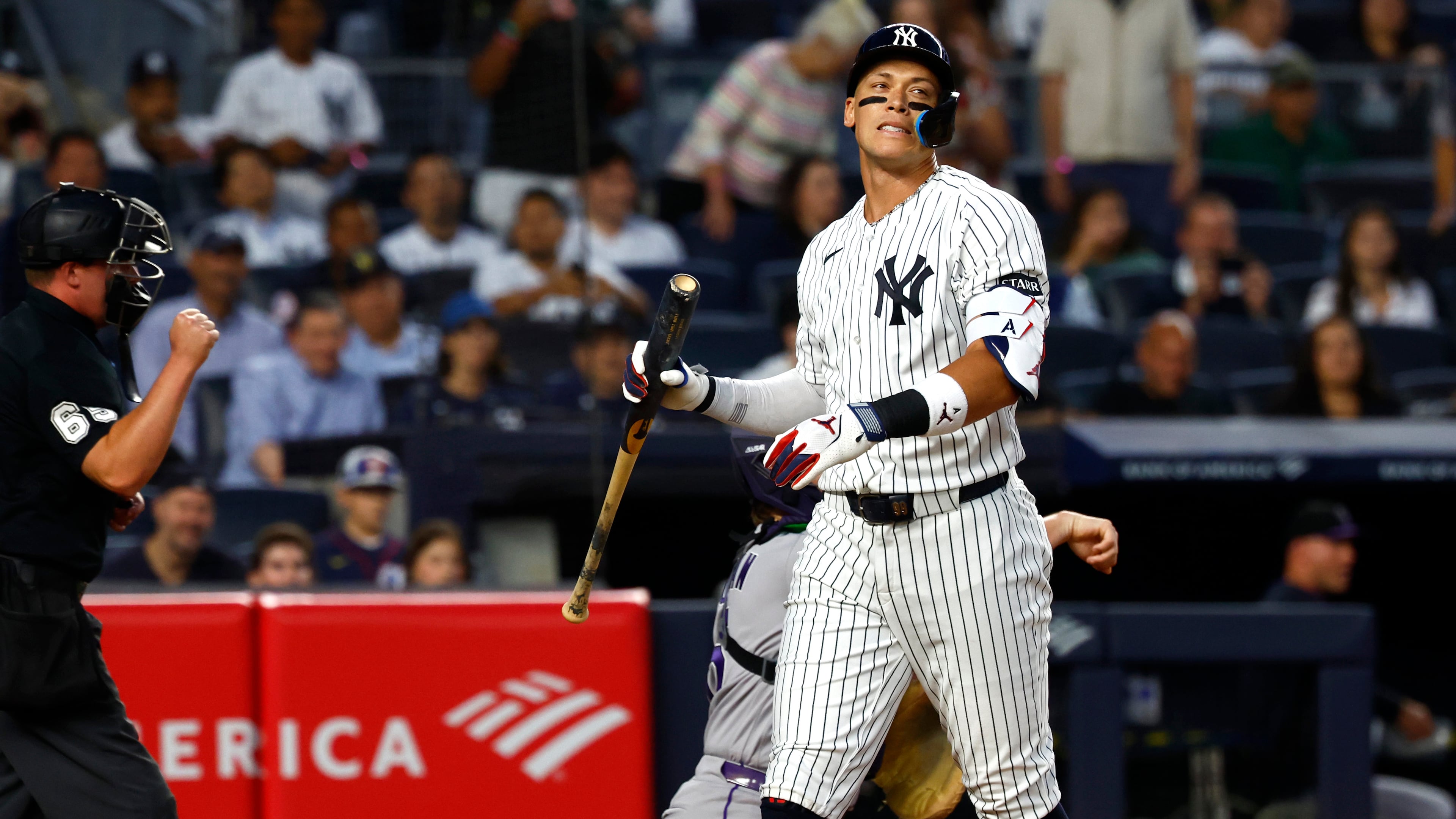 New York Yankees' Aaron Judge reacts after striking out during the first inning of a baseball game against the Colorado Rockies', Tuesday, Sept. 8, 2026, in New York. (AP Photo/Noah K. Murray)
