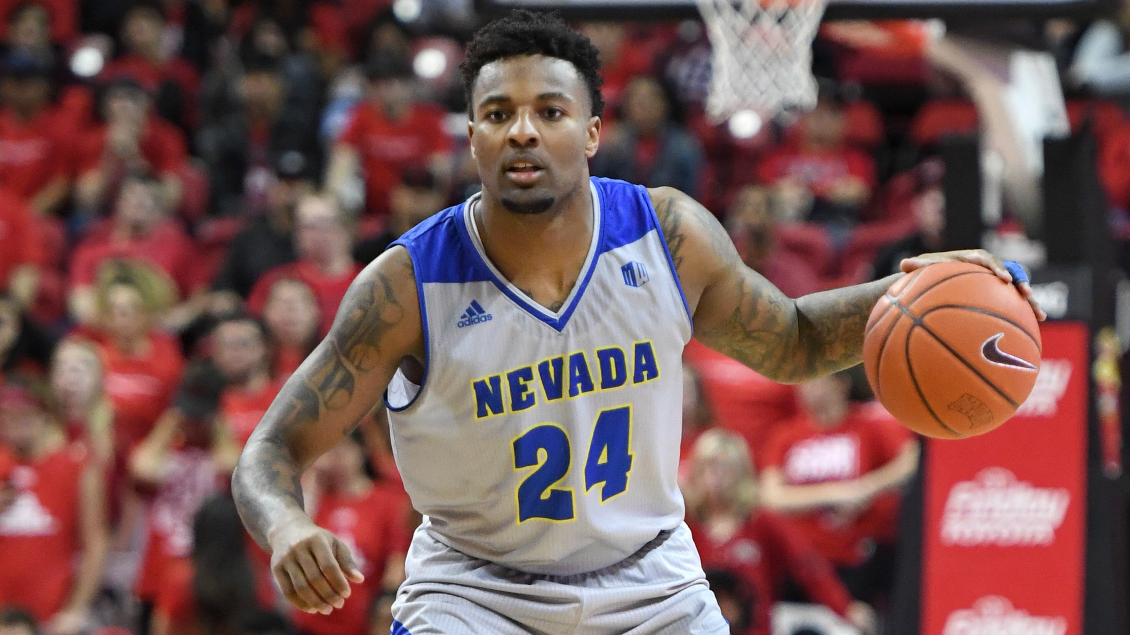 Jordan Caroline of the Nevada Wolf Pack brings the ball up the court against the UNLV Rebels during their game at the Thomas & Mack Center on January 29, 2019 in Las Vegas, Nevada. The Wolf Pack defeated the Rebels 87-70. (Photo by Ethan Miller/Getty Images)