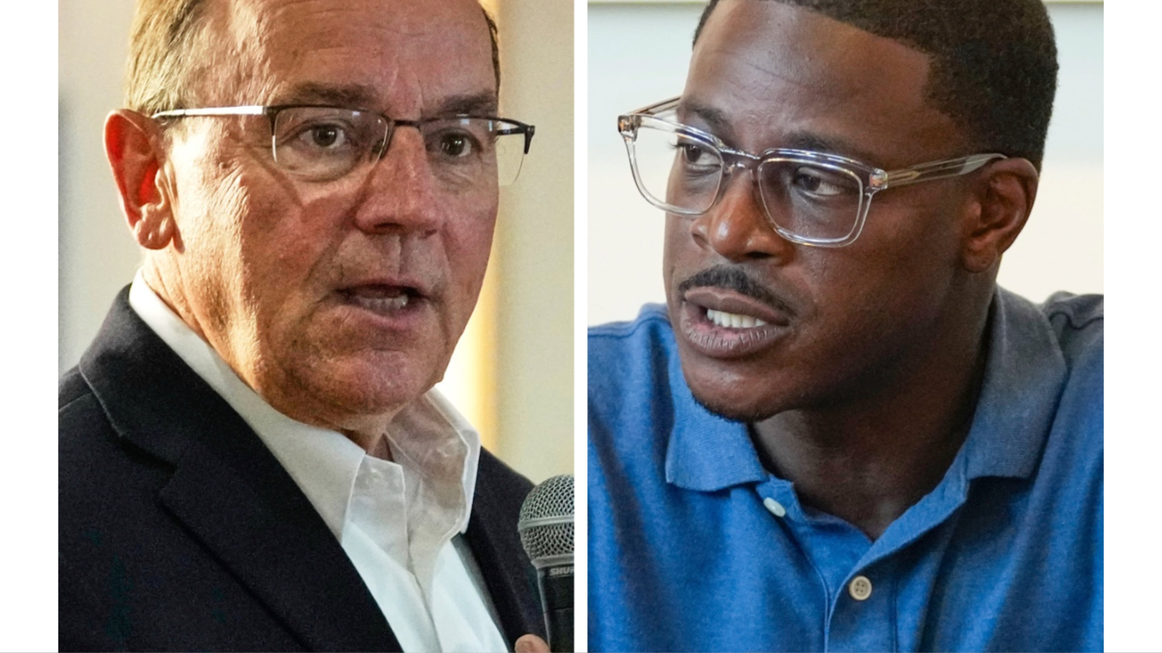 This combination photo shows Wisconsin gubernatorial candidates Republican Tom Tiffany, July 29, 2026, in Kenosha, Wis., left, and Democrat David Crowley, Aug. 12, 2026, in Middleton, Wis. (AP Photo)