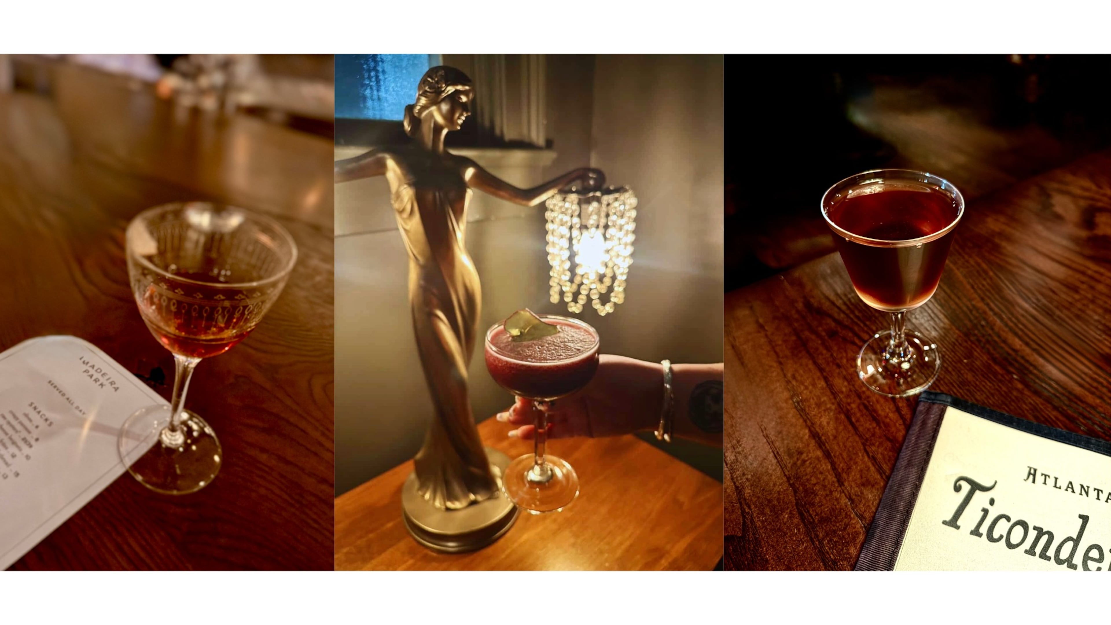 From left: The Toronto cocktail from Madeira Park (Angela Hansberger for The Atlanta Journal-Constitution); Midnight Bliss at Marietta’s the Third Door (Courtesy of the Third Door/Scion Garcia); and the Ghost Ship at Ticonderoga Club (Angela Hansberger for The Atlanta Journal-Constitution).