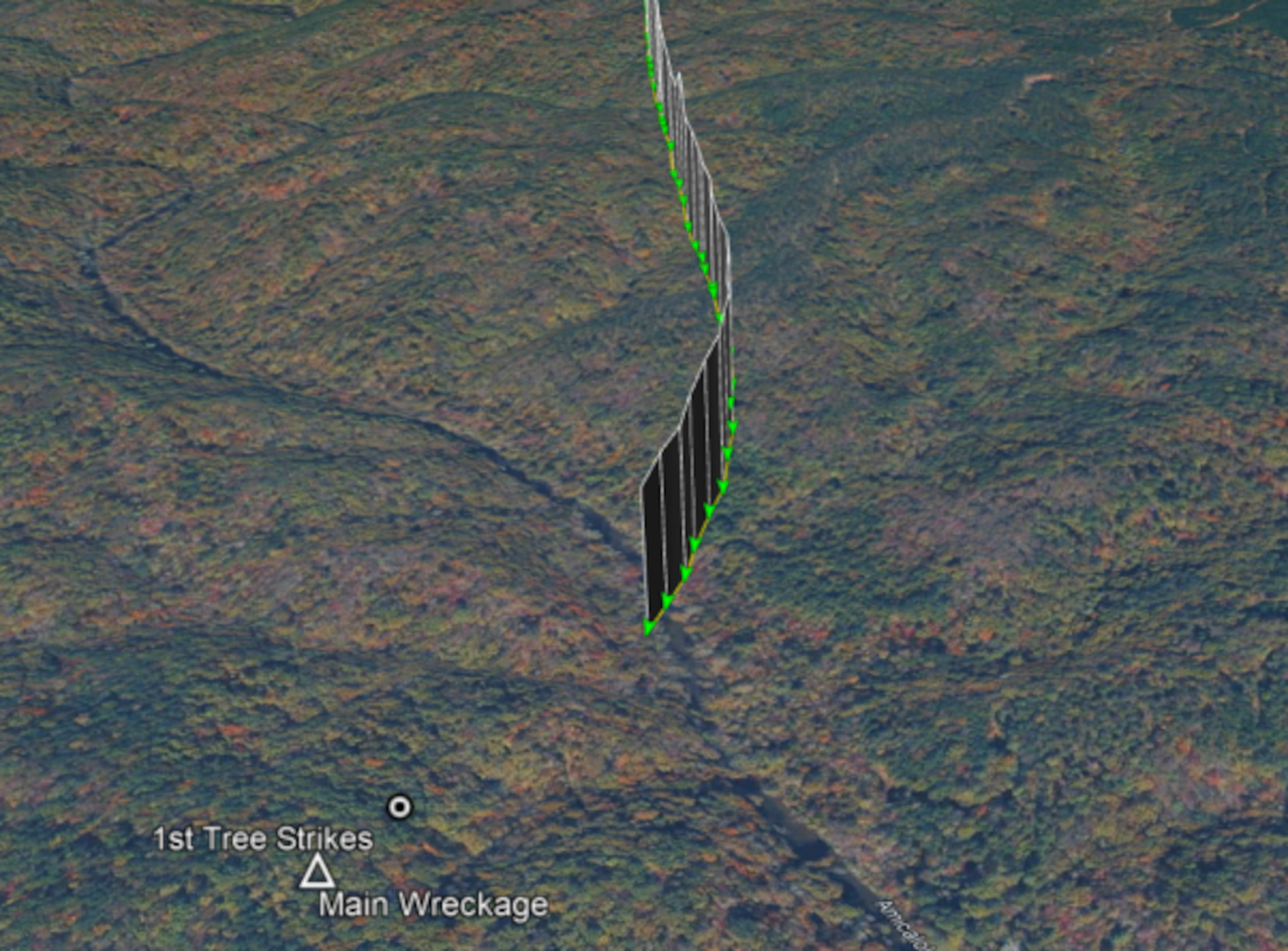 A diagram provided by the NTSB shows the aircraft's path through a tracking system as well as its first tree strikes and the main wreckage site. (Courtesy of the NTSB)