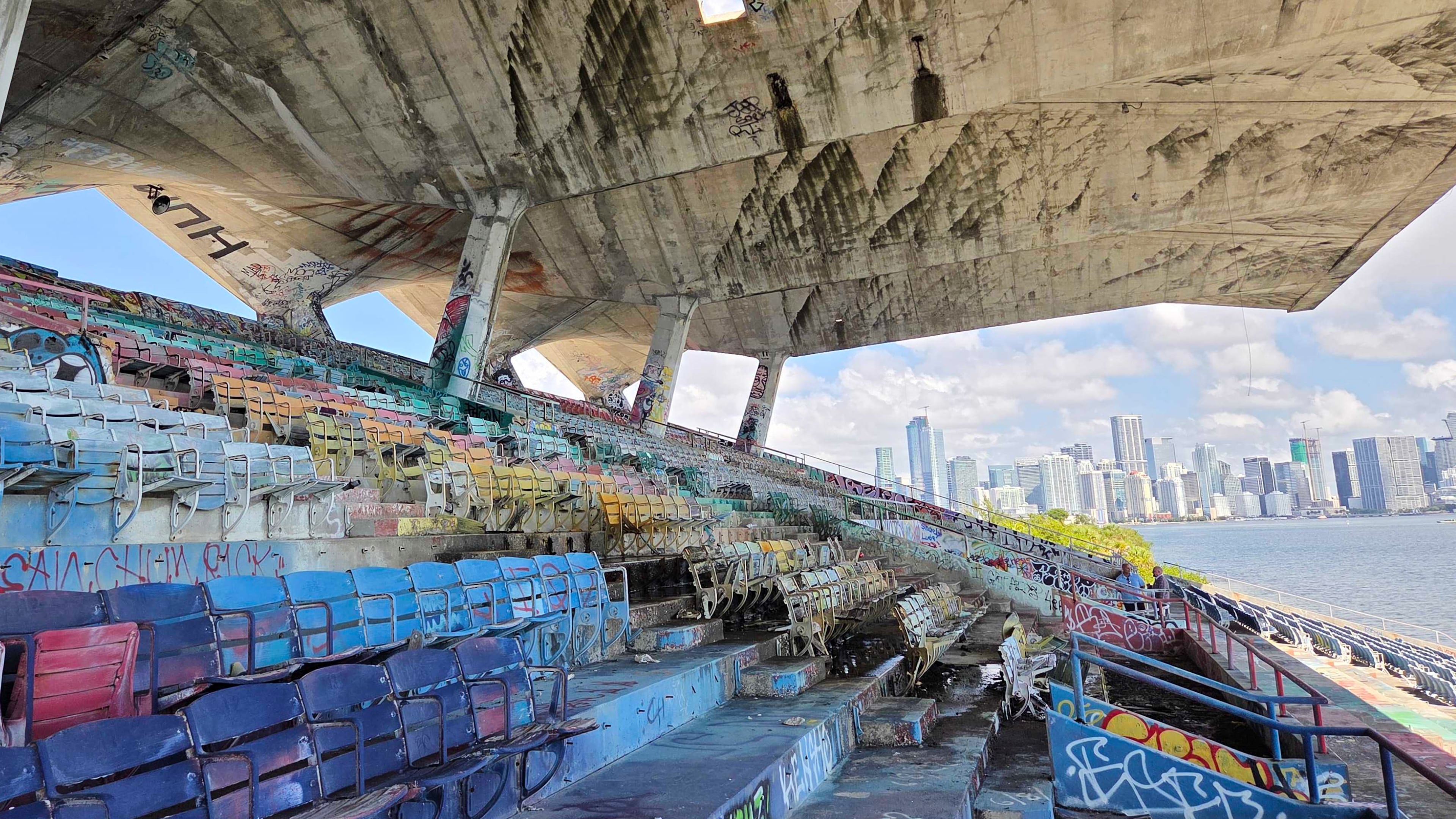A concrete roof cantilevers over the Miami Marine Stadium on Tuesday, Aug. 11, 2026, in Miami. (AP Photo/David Fischer)
