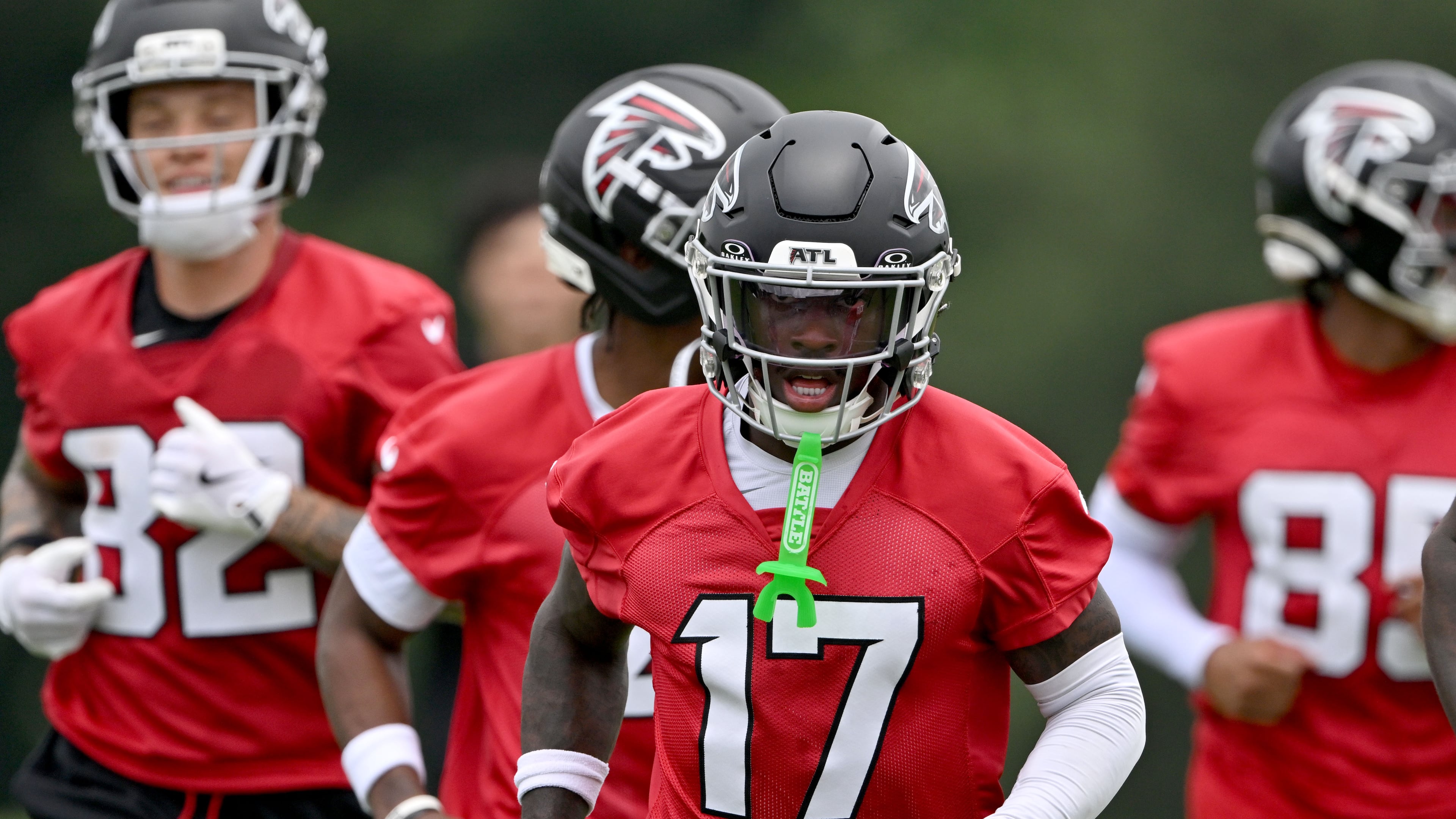 Falcons wide receiver Zachariah Branch (center) runs a drill during an OTA workout at the team's training facility Wednesday, May 27, 2026, in Flowery Branch. (Hyosub Shin/AJC)