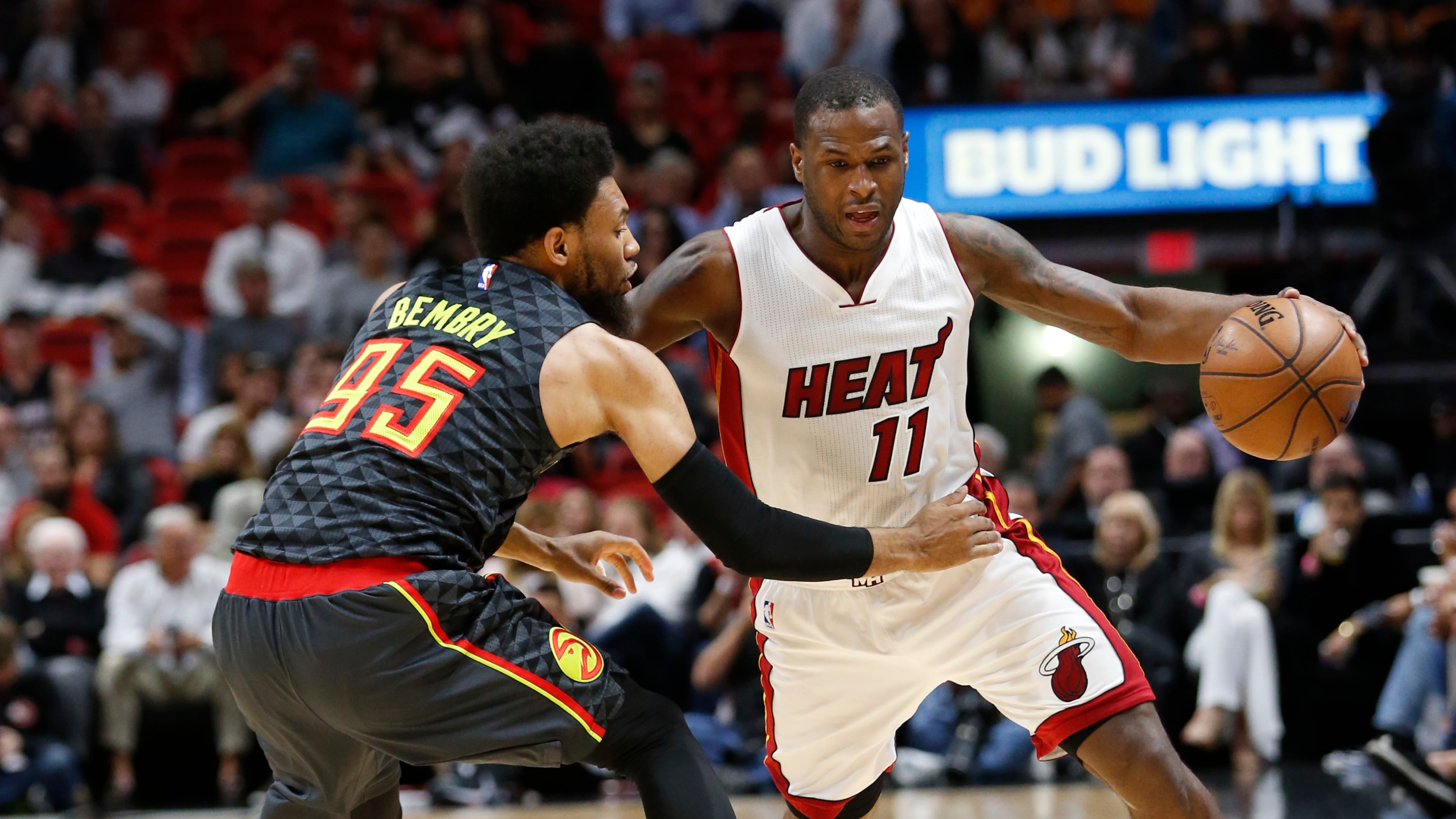 Miami Heat guard Dion Waiters (11) drives past Atlanta Hawks forward DeAndre Bembry (95) during the first half of an NBA basketball game, Wednesday, Feb. 1, 2017, in Miami. (AP Photo/Wilfredo Lee)