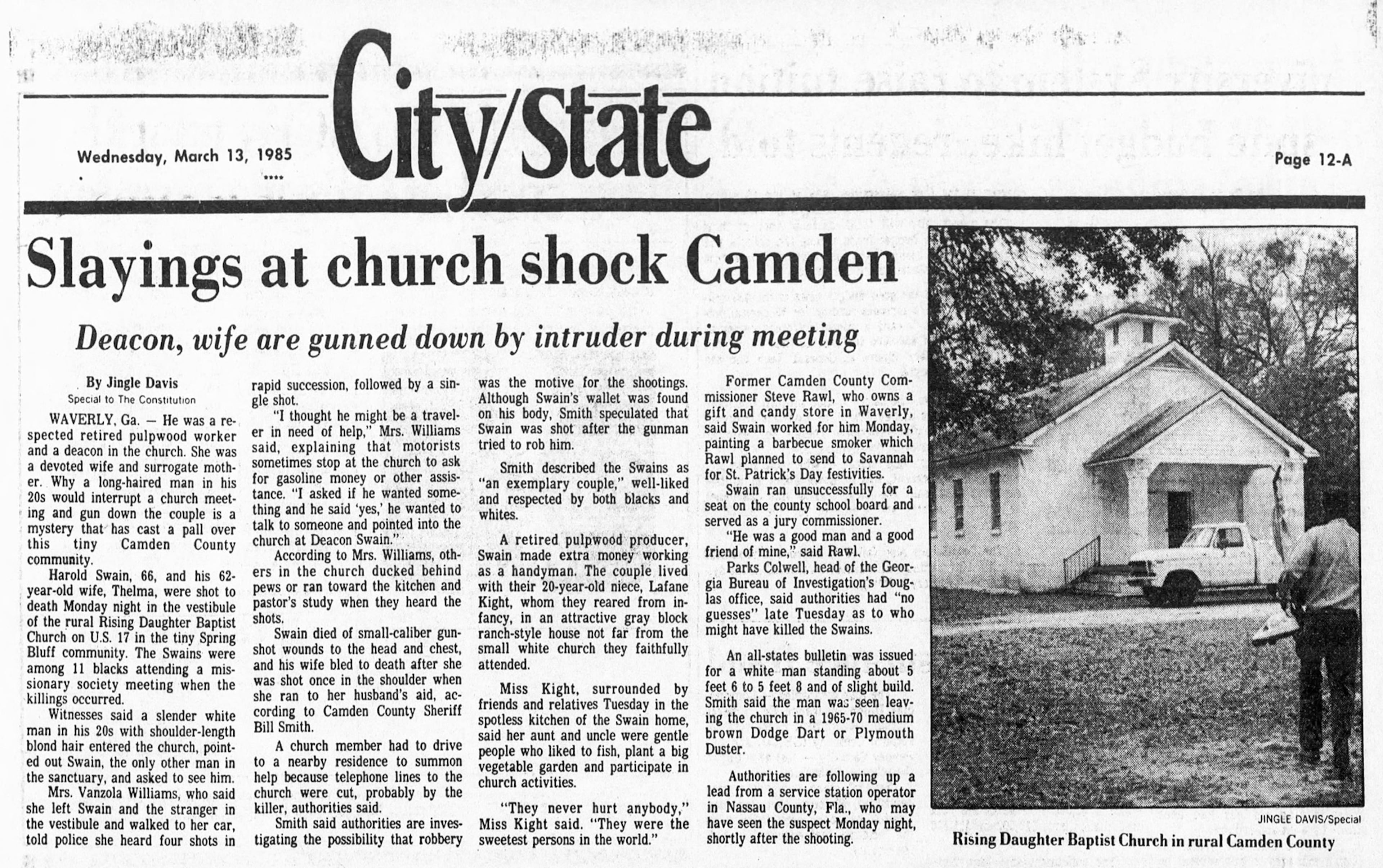 Atlanta Constitution clipping from 1985 about the murder of Harold and Thelma Swain at Rising Daughter Baptist Church in Spring Bluff, Ga.