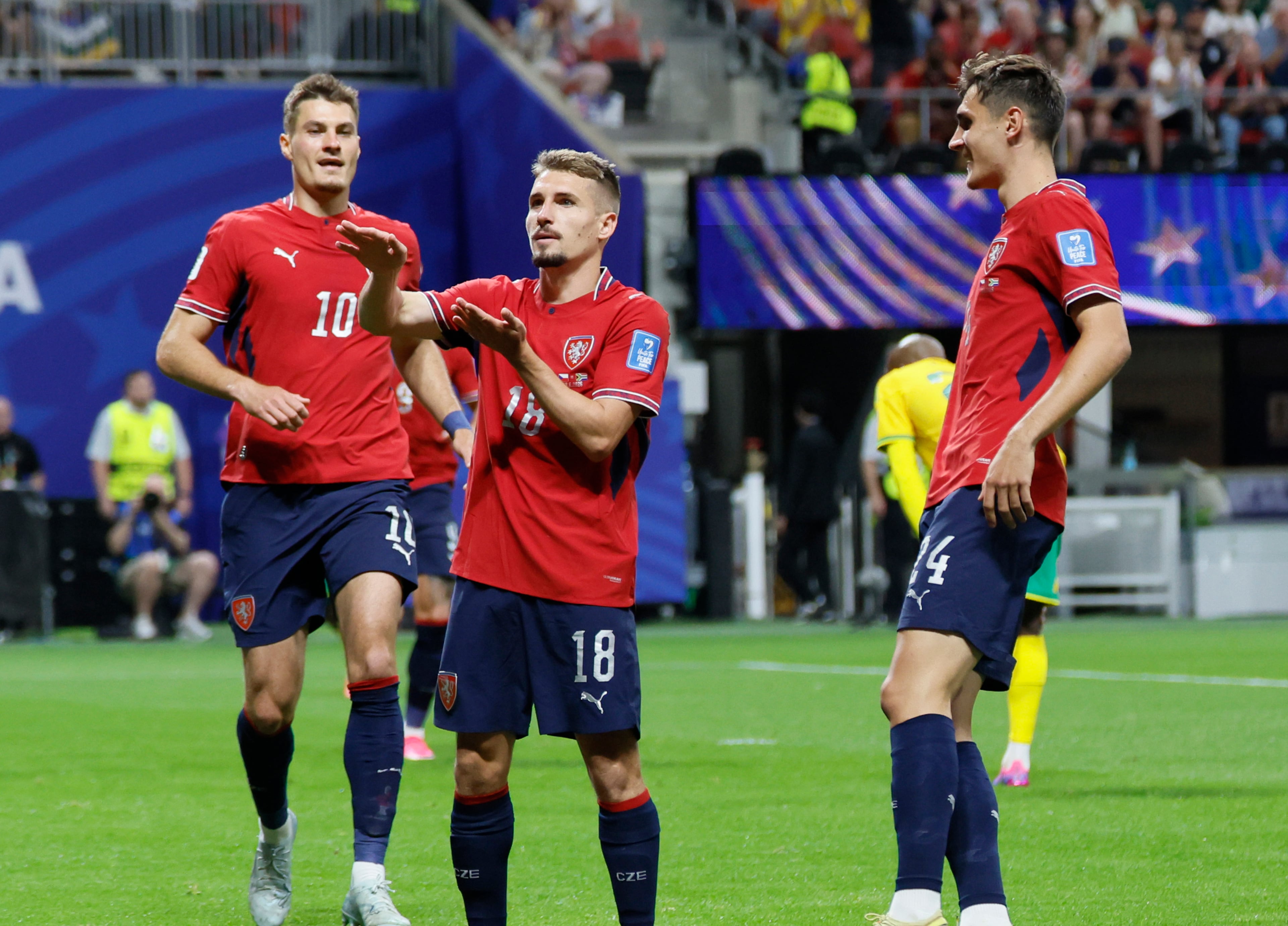 Czechia's Michal Sadilek (center) celebrates his goal during the first half of the Czechia vs. South Africa World Cup match at Atlanta Stadium on Thursday, June 18, 2026. (Miguel Martinez/AJC)