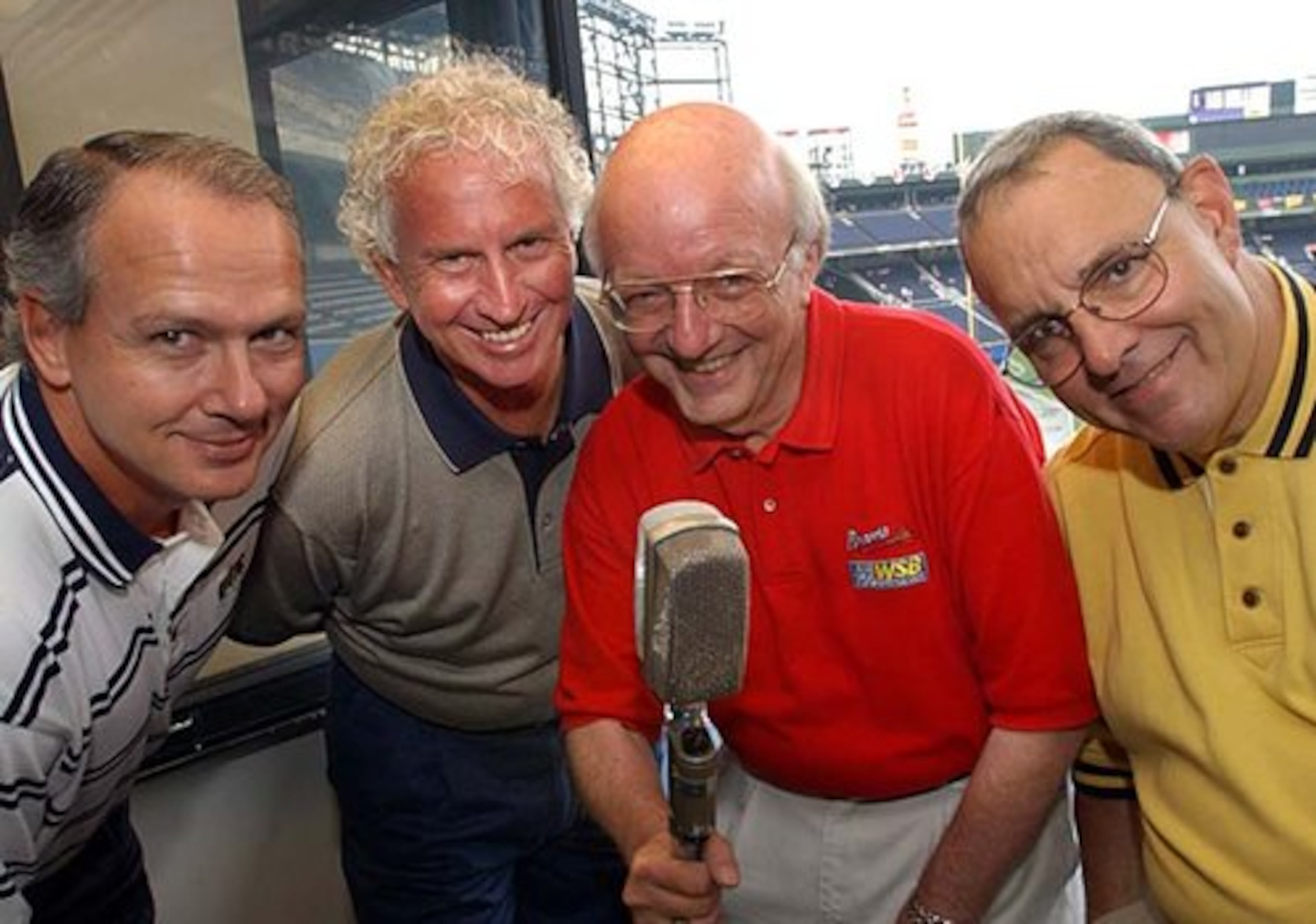 The Braves broadcast team circa 2002: (left to right) Joe Simpson, Don Sutton, Pete Van Wieren and Skip Caray. Of the group, Simpson is the only current Braves analyst. Sutton left in 2006, Van Wieren retired in 2008 and Caray passed away midseason in 2008.