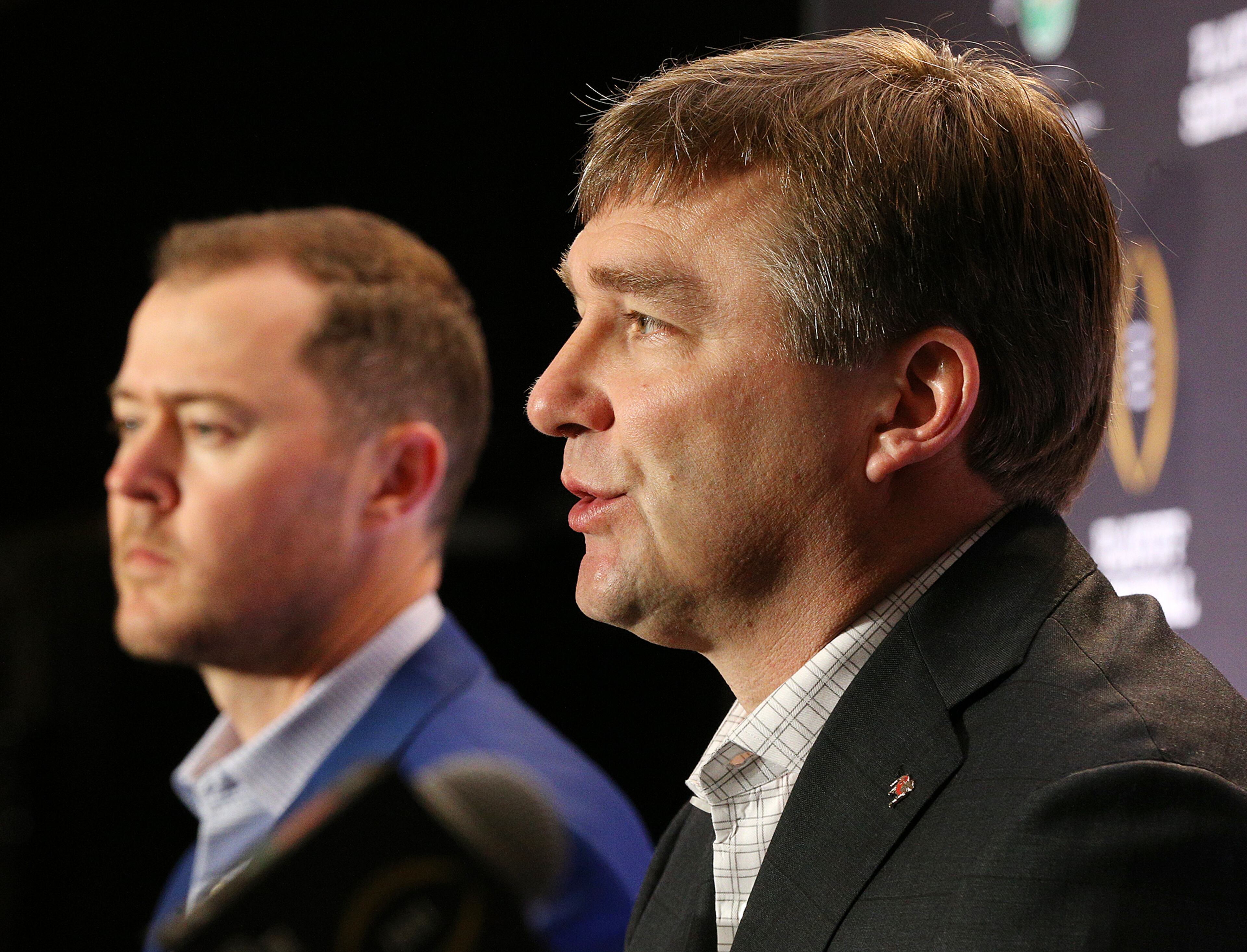 December 31, 2017 Los Angeles: Georgia head coach Kirby Smart (right) and Oklahoma head coach Lincoln Riley take questions during the head coach press conference for the Rose Bowl on Sunday, December 31, 2017, in Los Angeles. Curtis Compton/ccompton@ajc.com