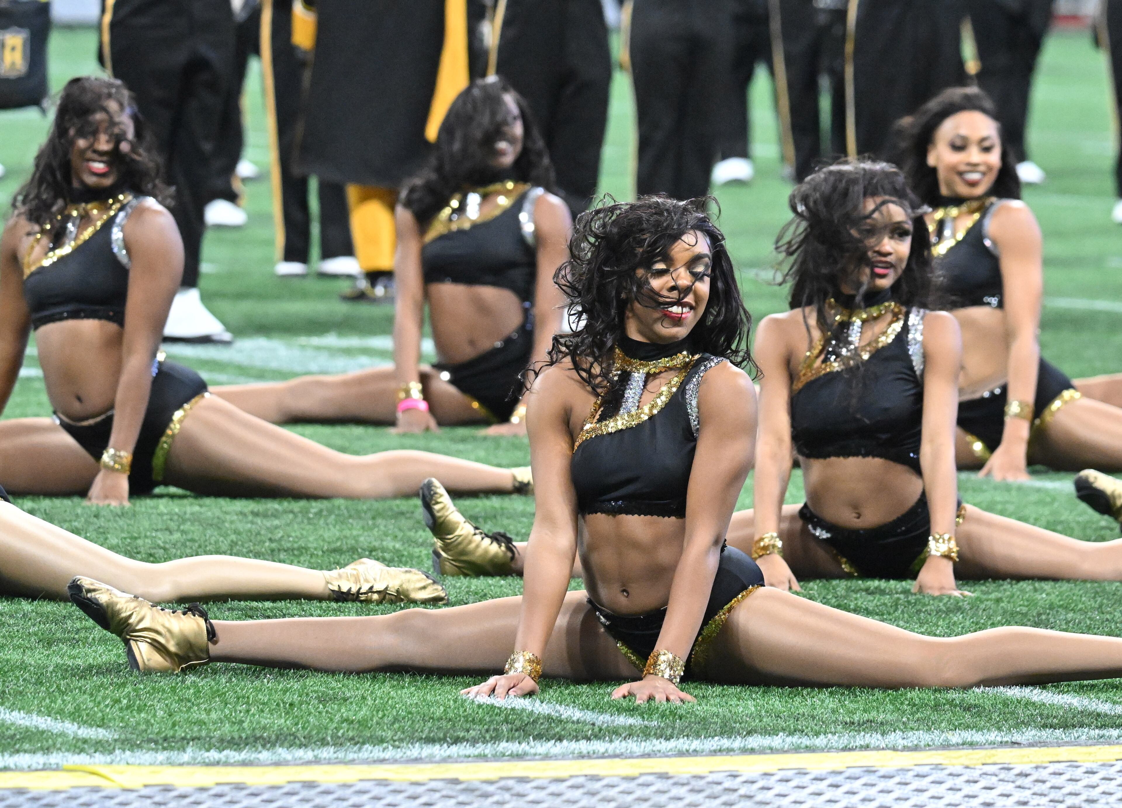 The Mighty Marching Hornets of Alabama State University performs during the All-Star Battle of the Bands at Mercedes-Benz Stadium on Saturday, Feb. 4, 2023, in Atlanta. (Hyosub Shin / Hyosub.Shin@ajc.com)