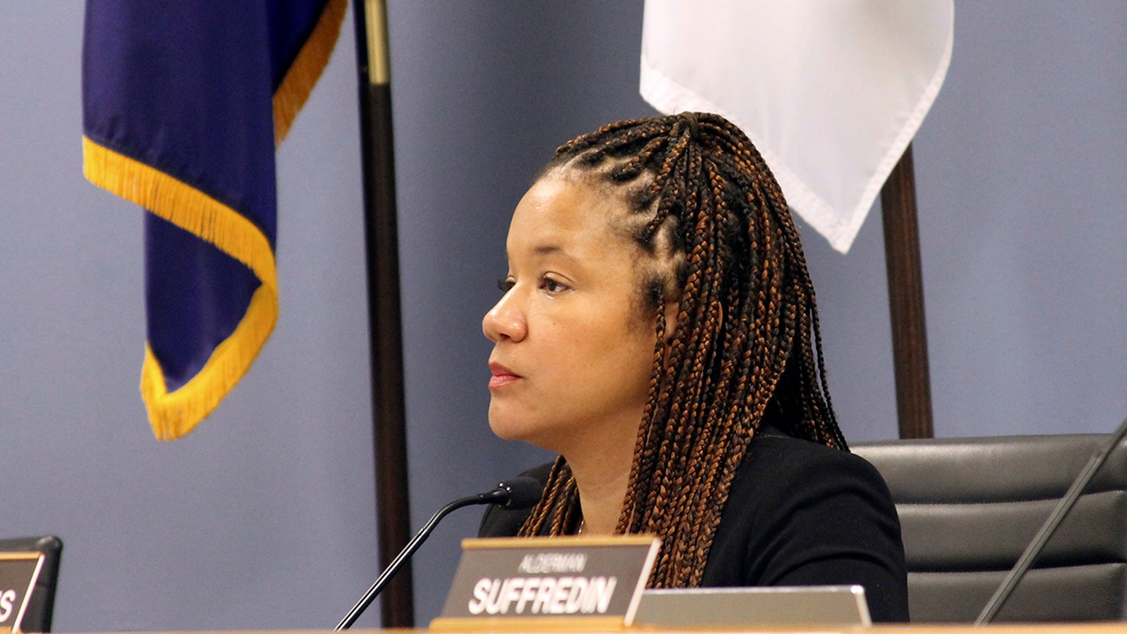 FILE - In this Nov. 25, 2019 file photo, Alderman Robin Rue Simmons, 5th Ward, proposes a reparations fund during a City Council meeting in Evanston, lll. (Genevieve Bookwalter/Chicago Tribune via AP,File)