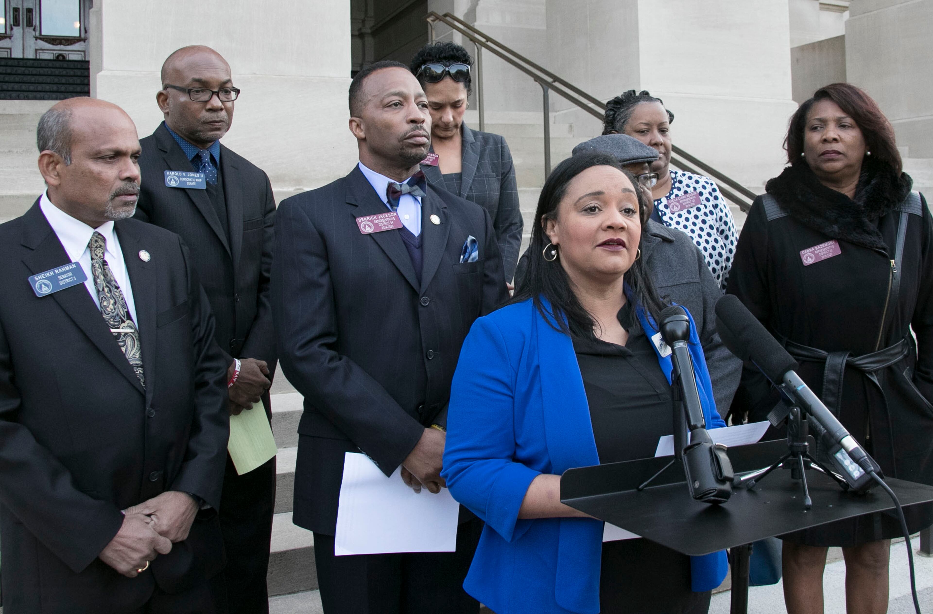 November 8, 2019 - Atlanta - Democratic Party of Georgia chair Nikema Williams spoke out in opposition to Trump ahead of his visit to Atlanta. Other speakers included Reverend Timothy McDonald, State Rep. Derrick Jackson, State Rep. Donna McLeod, State Rep. Harold Jones, and State Rep. Shelly Hutchinson. Bob Andres / robert.andres@ajc.com