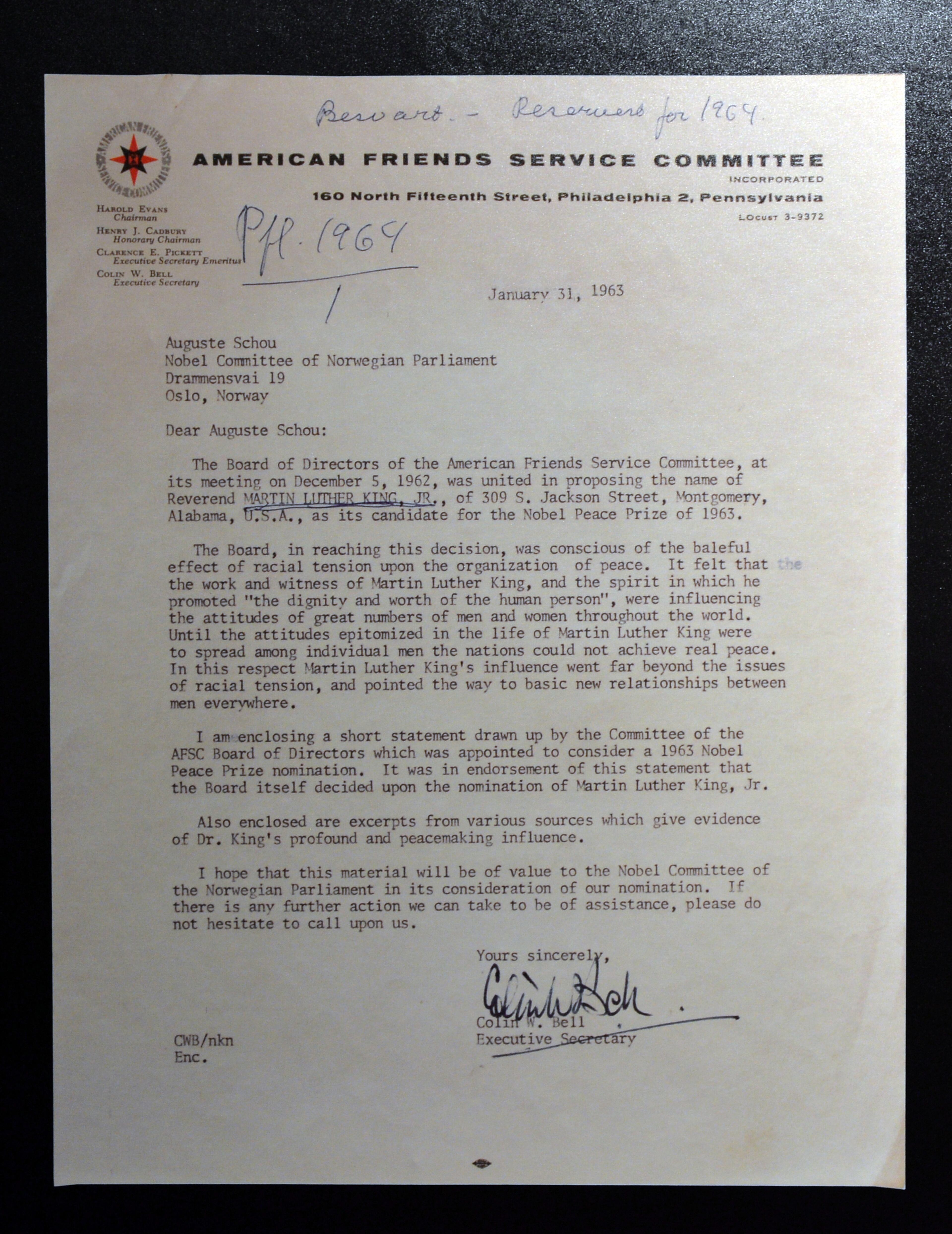 Martin Luther King Jr. was nominated three times, the first time by the American Friends Service Committee, representing Quakers in the United States. The second was by Swedish parliament. A third nomination was also received by 70 professors at Los Angeles State College, however the letter was sent after the February deadline and was not included in the Nobel Committee's assessment . The grand opening exhibition of "1964 Martin Luther King, Jr.", at the Martin Luther King Jr. National Historic Site was held Dec. 10, 2014. BRANT SANDERLIN / BSANDERLIN@AJC.COM