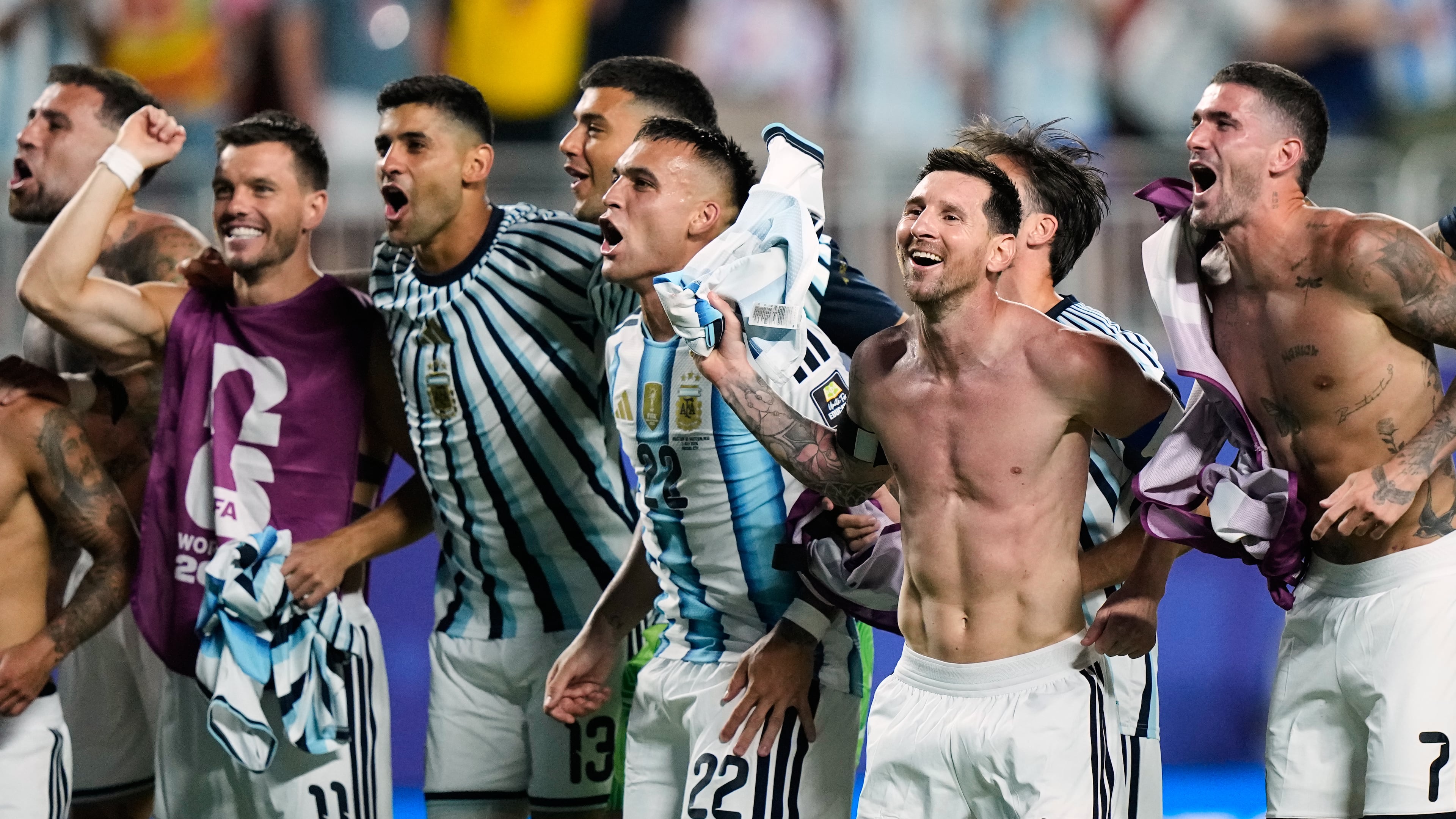 Argentina's Lionel Messi (10) and teammates celebrate their victory over Switzerland in the World Cup quarterfinal soccer match in Kansas City, Mo., Saturday, July 11, 2026. (AP Photo/Charlie Riedel)