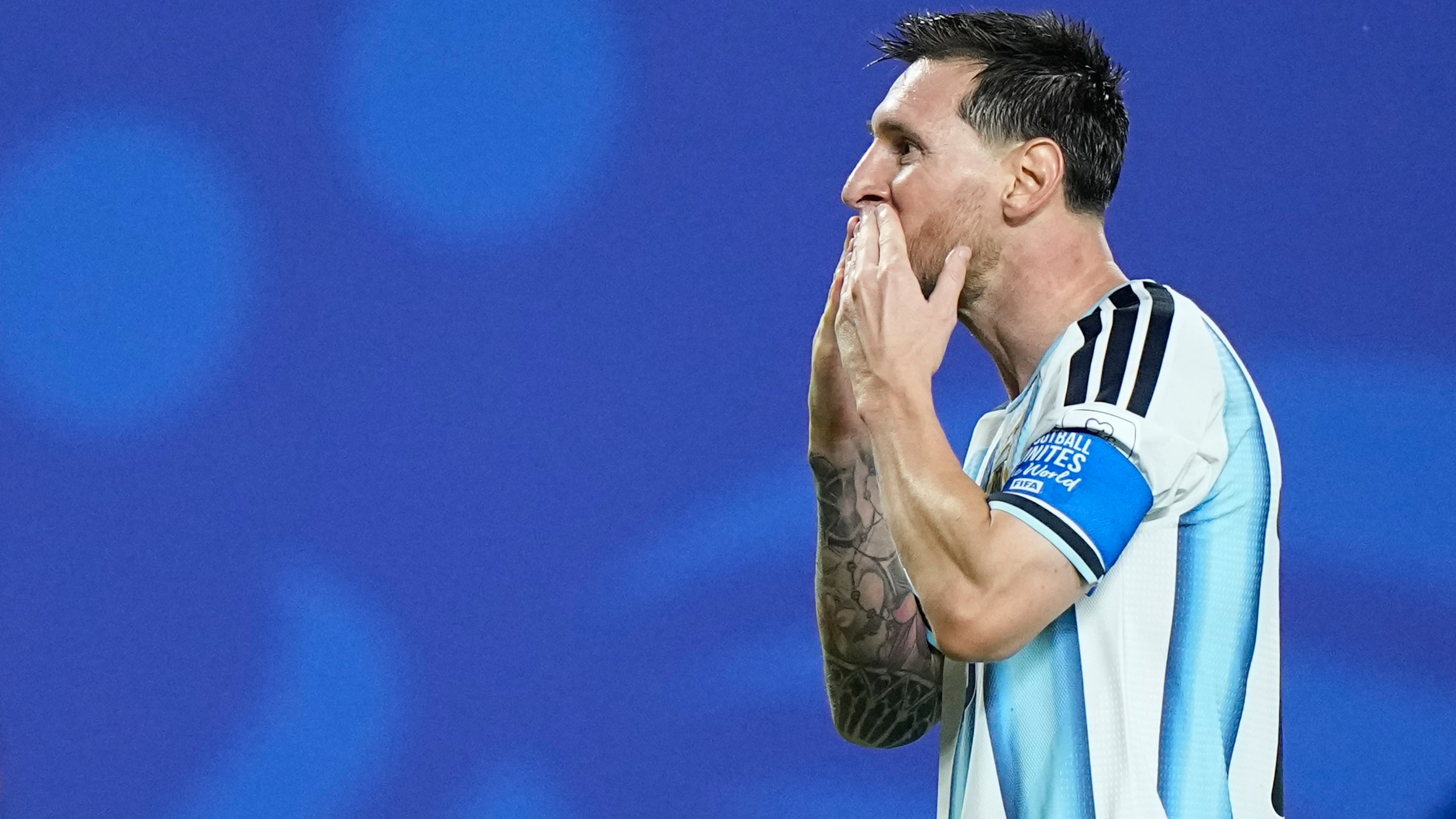 Argentina's Lionel Messi reacts after scoring his third goal during the World Cup Group J soccer match between Argentina and Algeria in Kansas City, Mo., Tuesday, June 16, 2026. (AP Photo/Charlie Riedel)