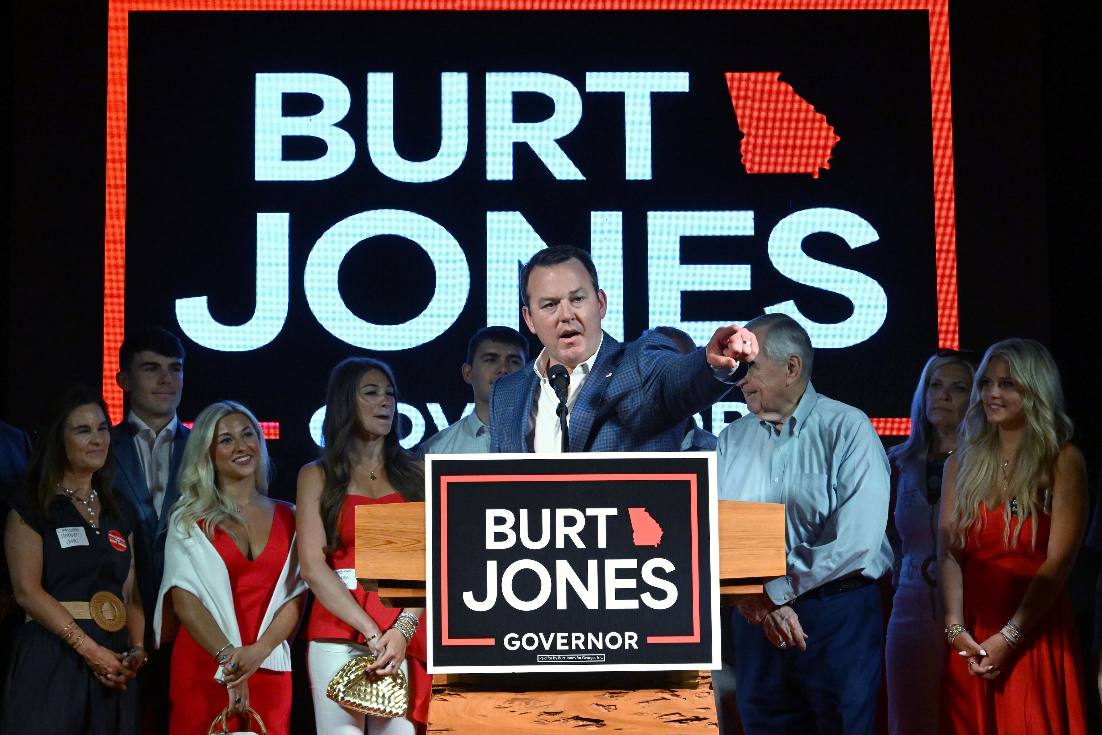 Georgia gubernatorial candidate Burt Jones addresses supporters during his election night party at The Rivers Ranch during the 2026 Georgia primary elections on Tuesday, May 19, 2026, in Jackson. (Hyosub Shin/AJC)