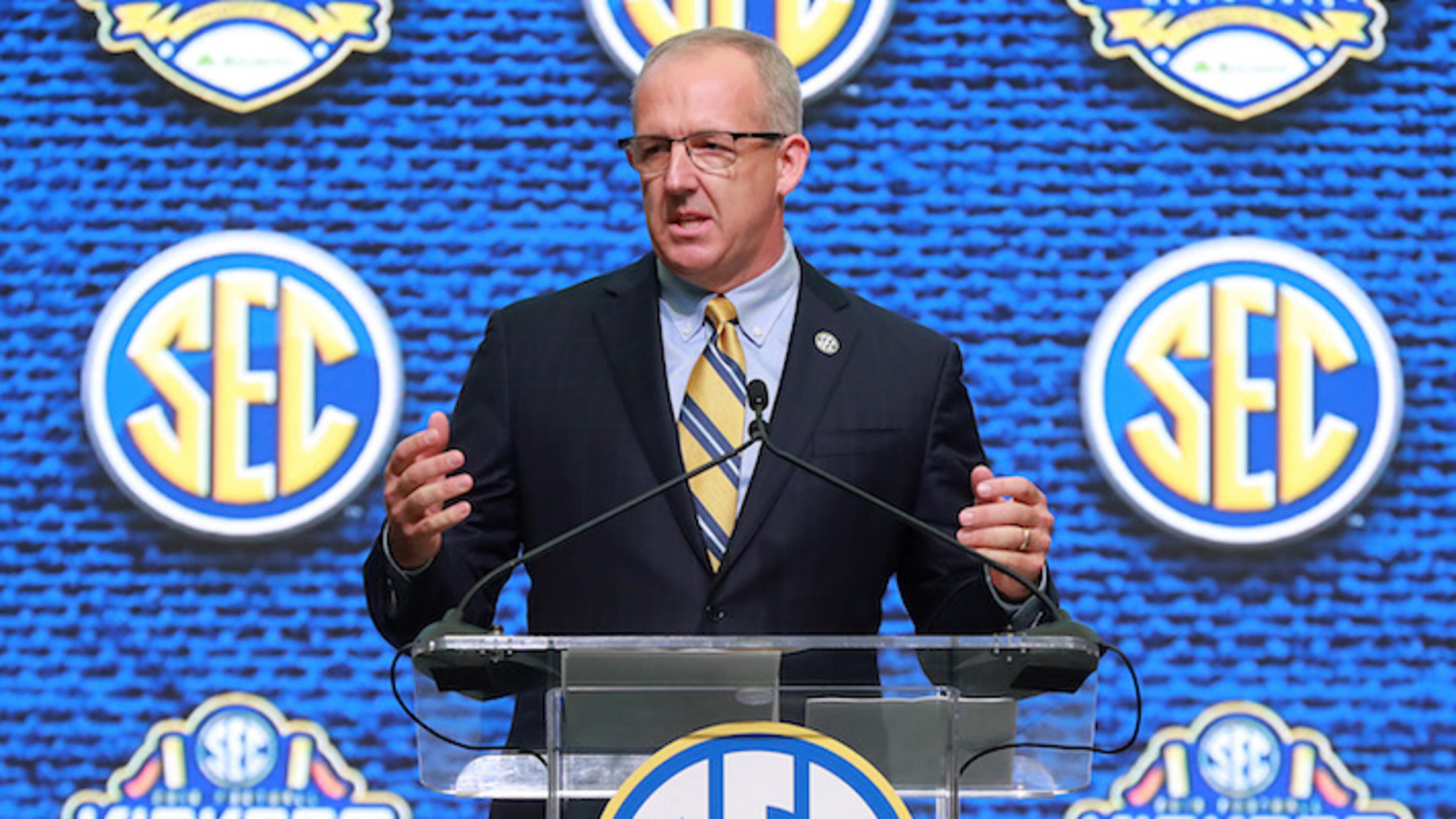Commissioner Greg Sankey holds a press conference to open SEC Media Days at the College Football Hall of Fame on Monday, July 16, 2018 in Atlanta, Ga. (Curtis Compton/Atlanta Journal-Constitution/TNS)