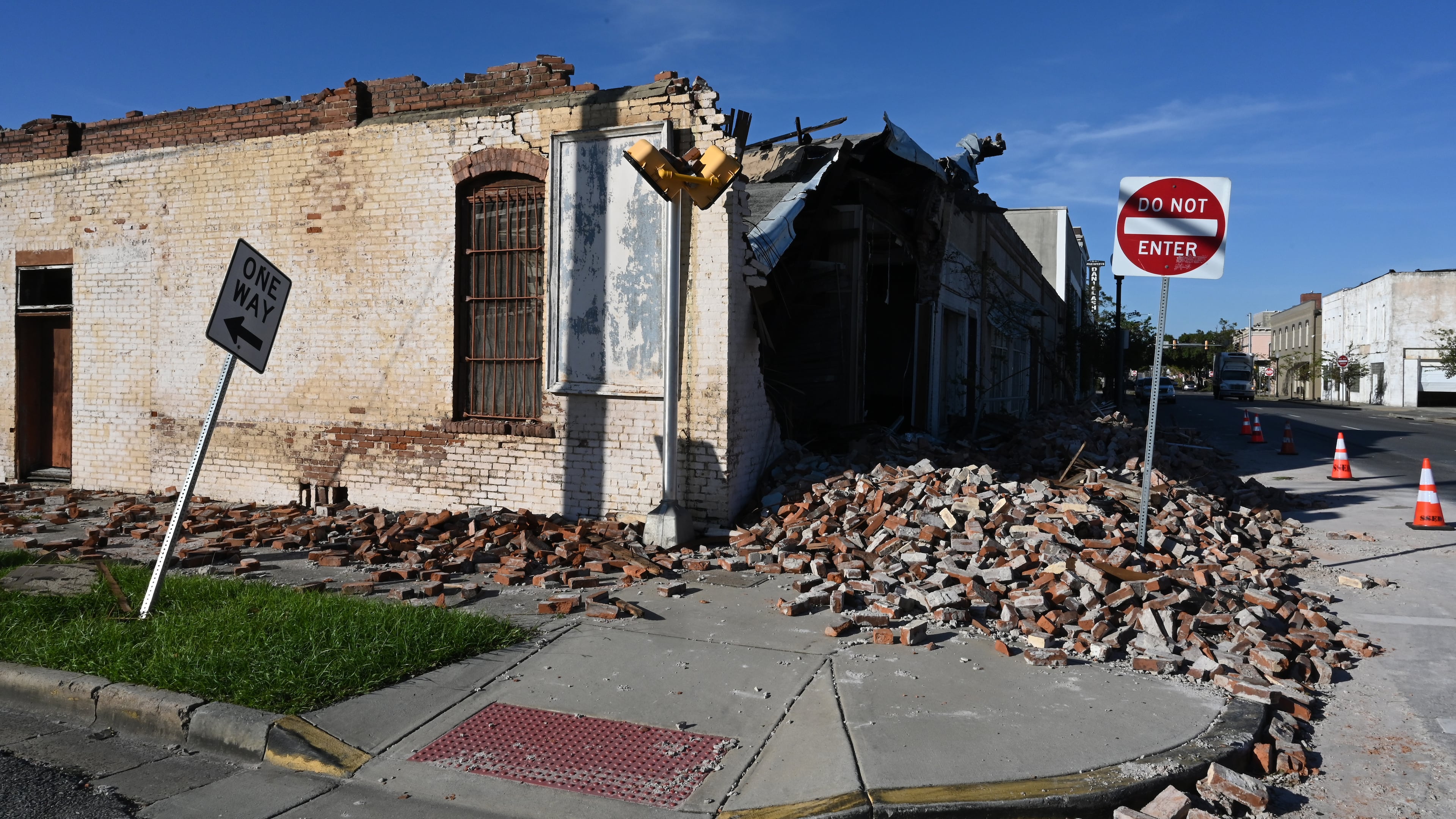 Hurricane Helene destroyed many buildings in downtown Valdosta, Saturday, September 28, 2024. The devastation in Valdosta was extensive after the South Georgia city was battered with hurricane-force winds on Helene’s path across the state. Damaging Helene has swept through Georgia, leading to at least 15 deaths. All 159 counties are now assessing the devastation and working to rebuild, even as serious flooding risks linger. (Hyosub Shin / AJC)
