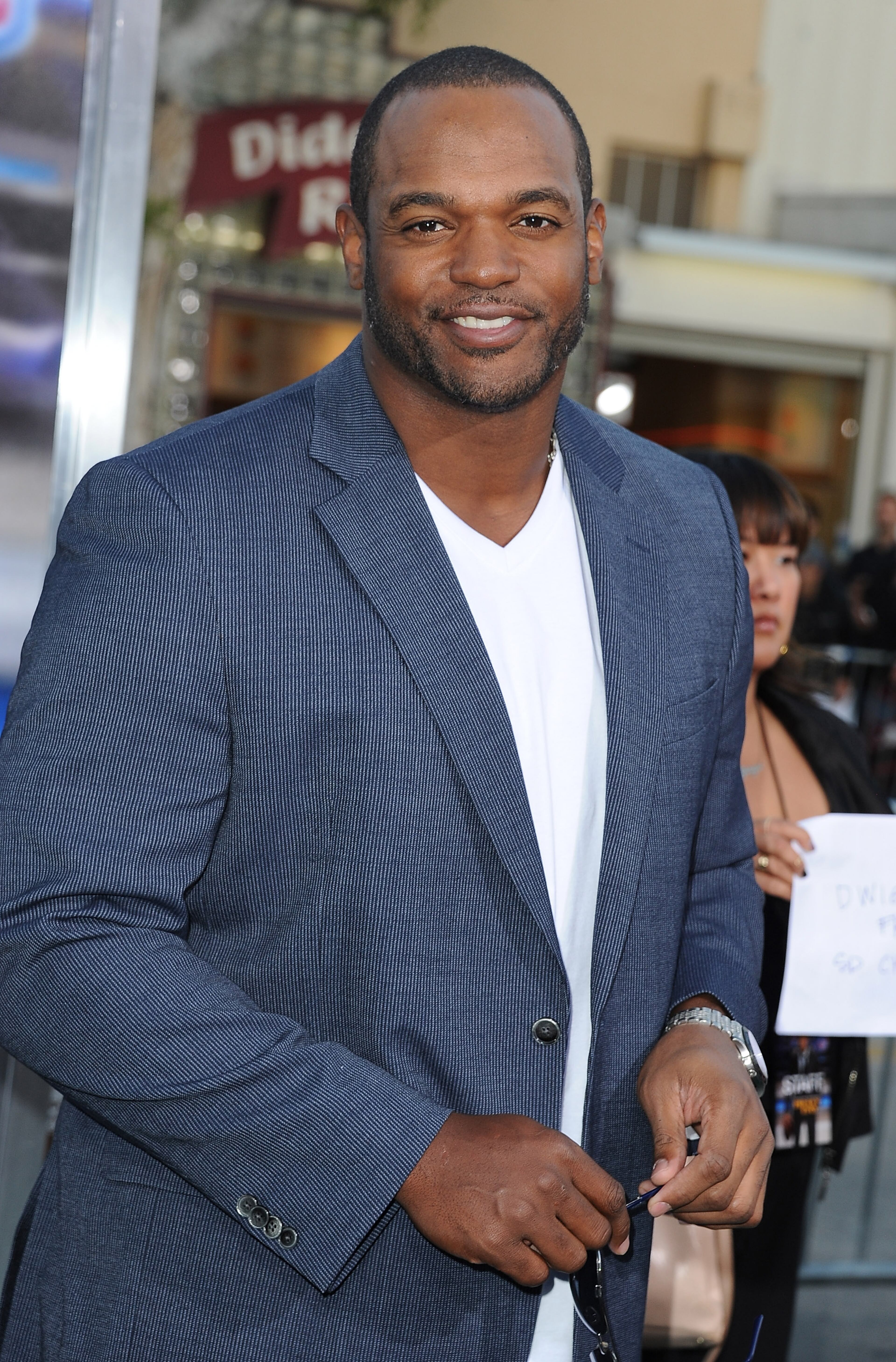 LOS ANGELES, CA - APRIL 07: NFL player Dwight Freeney attends the premiere of Summit Entertainment's 'Draft Day' presented by Bud Light at the Regency Bruin Theatre on April 7, 2014 in Los Angeles, California. (Photo by Angela Weiss/Getty Images for ANHEUSER BUSCH)