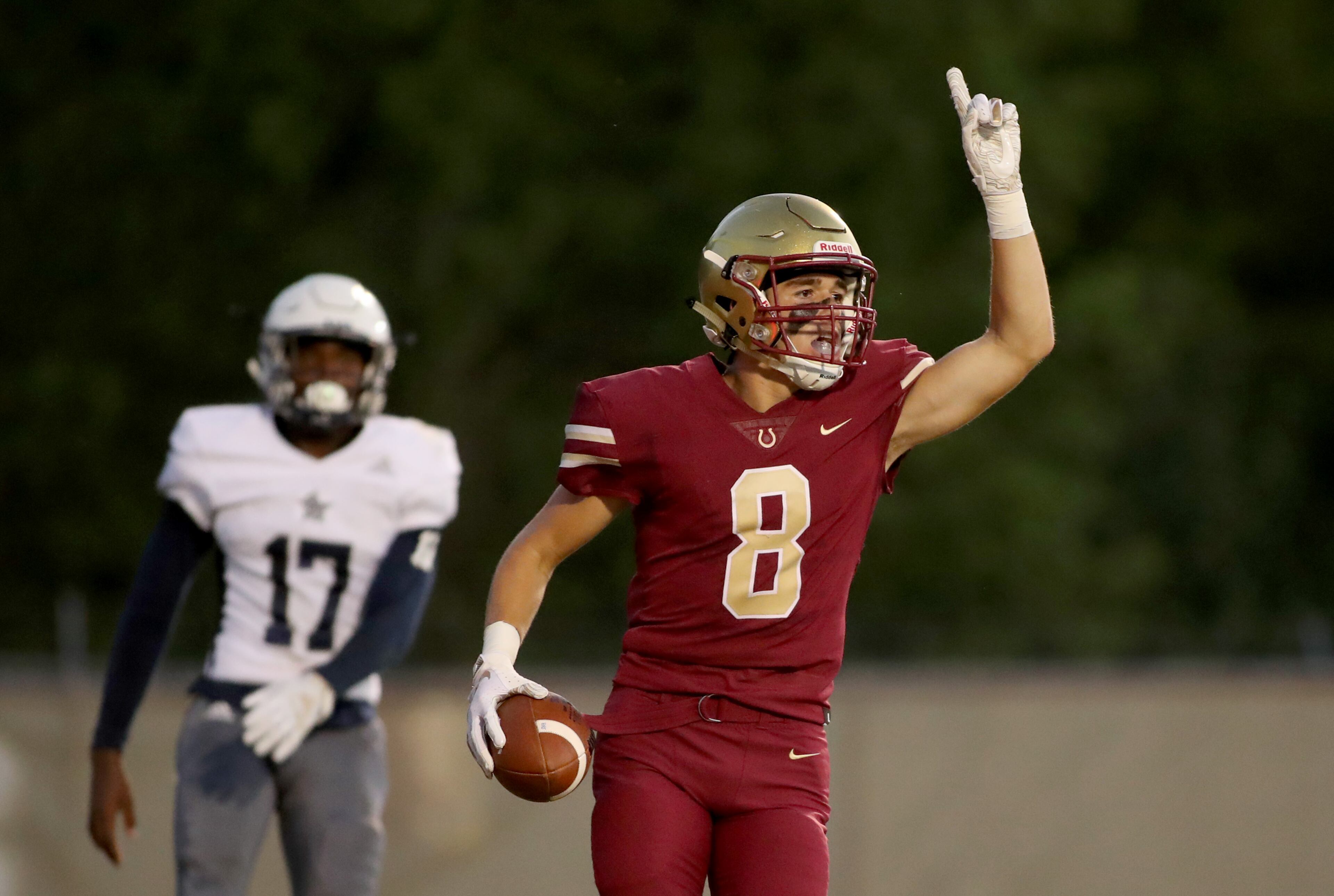 Brookwood wide receiver TJ Burden (8) celebrates a touchdown in the first half of Friday's game against South Gwinnett at Brookwood. (Jason Getz/Special)