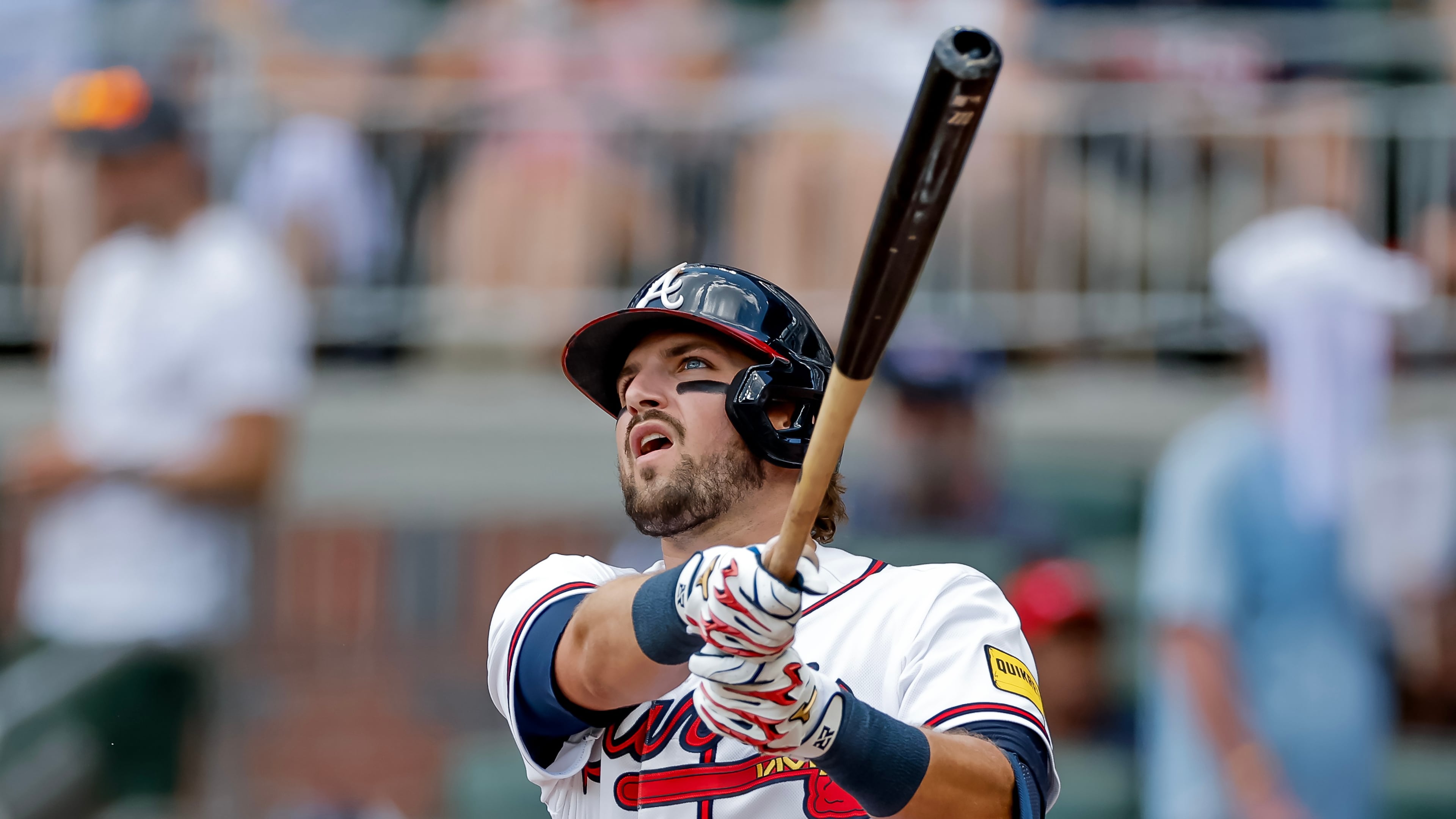 Atlanta Braves' Austin Riley follows through on a solo home run against the Texas Rangers during the second inning of a baseball game, Sunday, July 19, 2026, in Atlanta. (AP Photo/Erik S. Lesser)