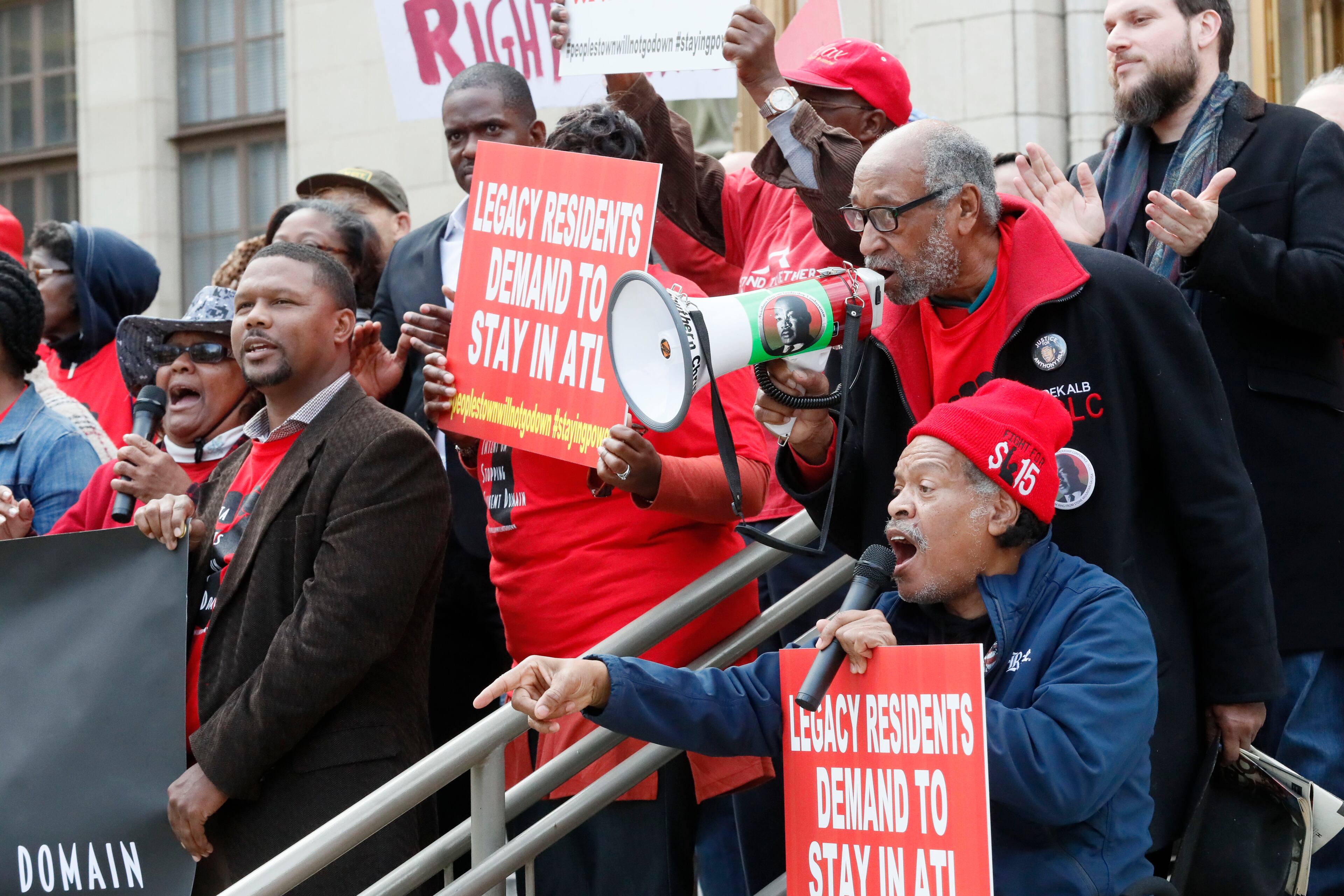 The Housing Justice League held a rally at Atlanta City Hall and a sit-in at the Mayor's Office on December 16, 2019 . The protesters want Atlanta Mayor Keisha Lance Bottoms to let Peoplestown residents in the city stay in their homes and not be displaced by eminent domain to build a park and retention pond. Bob Andres / bandres@ajc.com
