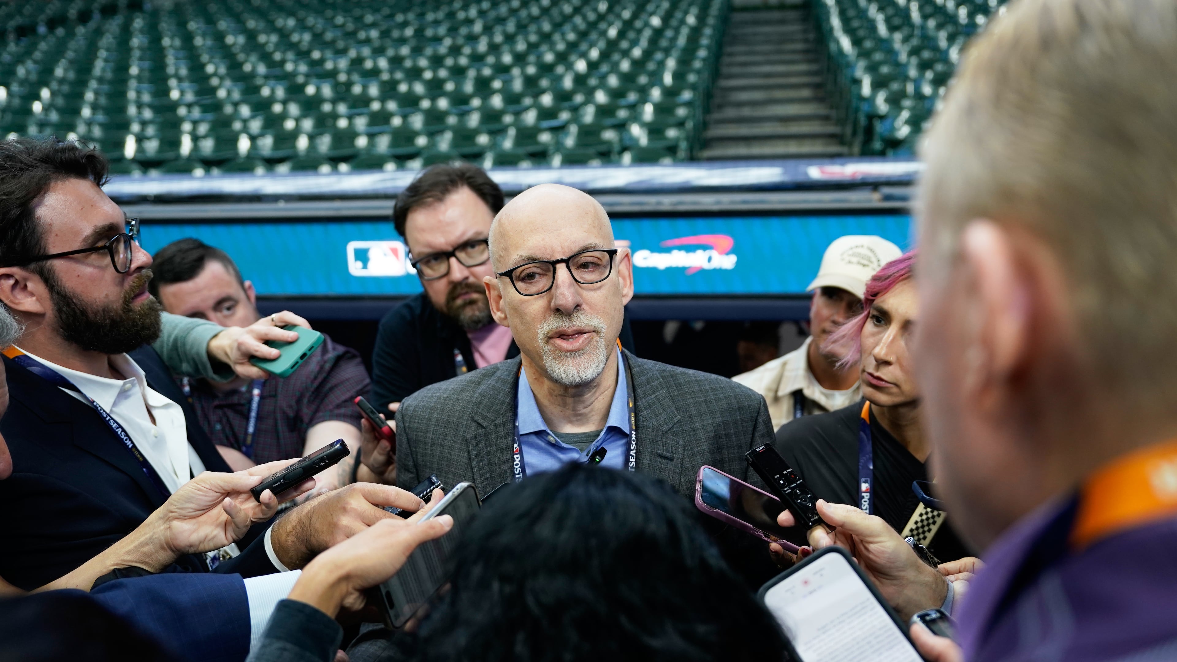 Bruce Meyer, interim executive director of the Major League Baseball Players Association speaks on the field before Game 1 of baseball's World Series, Friday, Oct. 23, 2026, in Milwaukee, between the Milwaukee Brewers and the Tampa Bay Rays. (AP Photo/Kayla Wolf)
