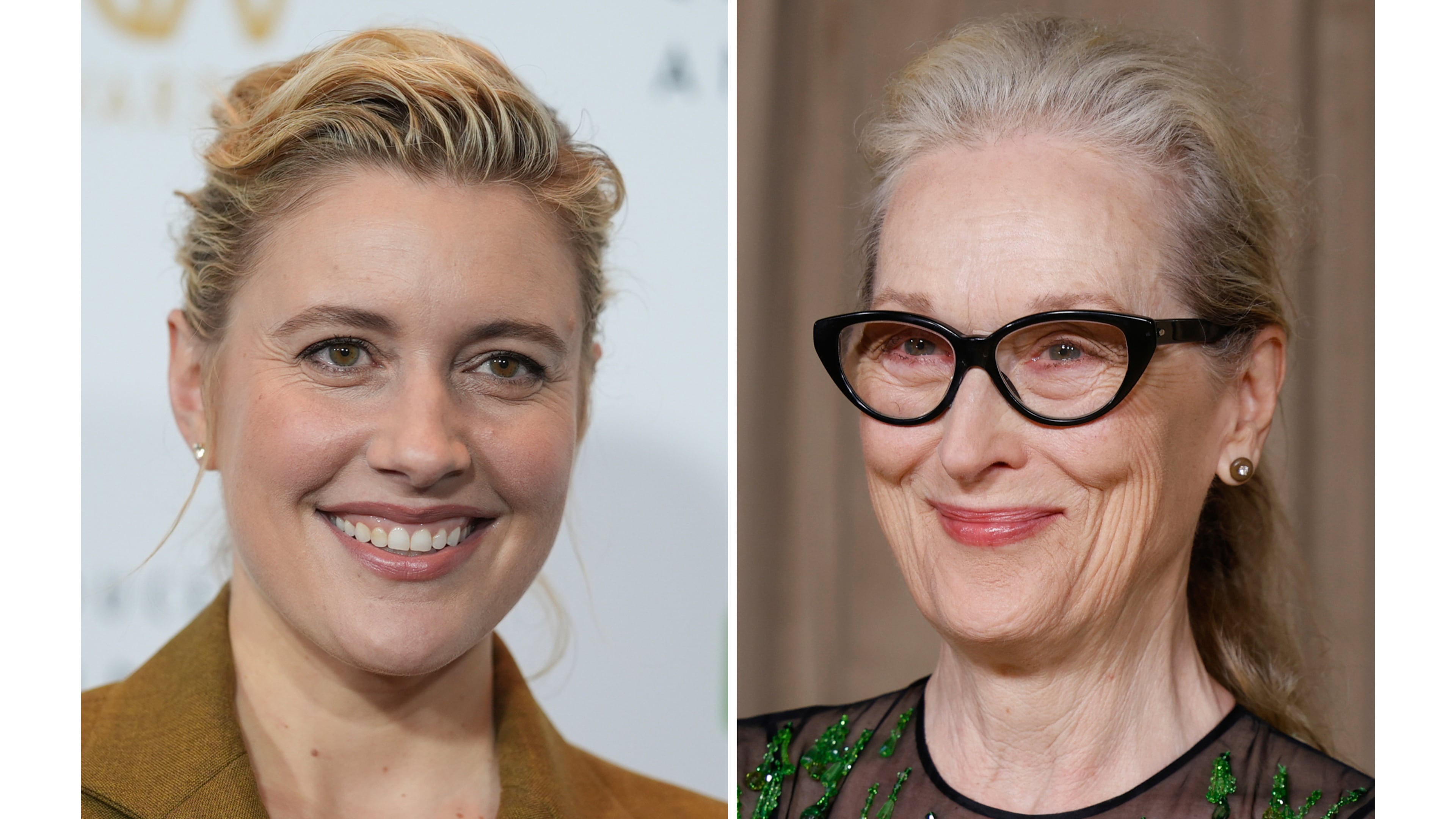 Greta Gerwig appears at the 37th annual Producers Guild Awards in Los Angeles on Feb. 28, 2026, left, and Meryl Streep appears at The Albies in London on Oct. 3, 2025. (AP Photo)