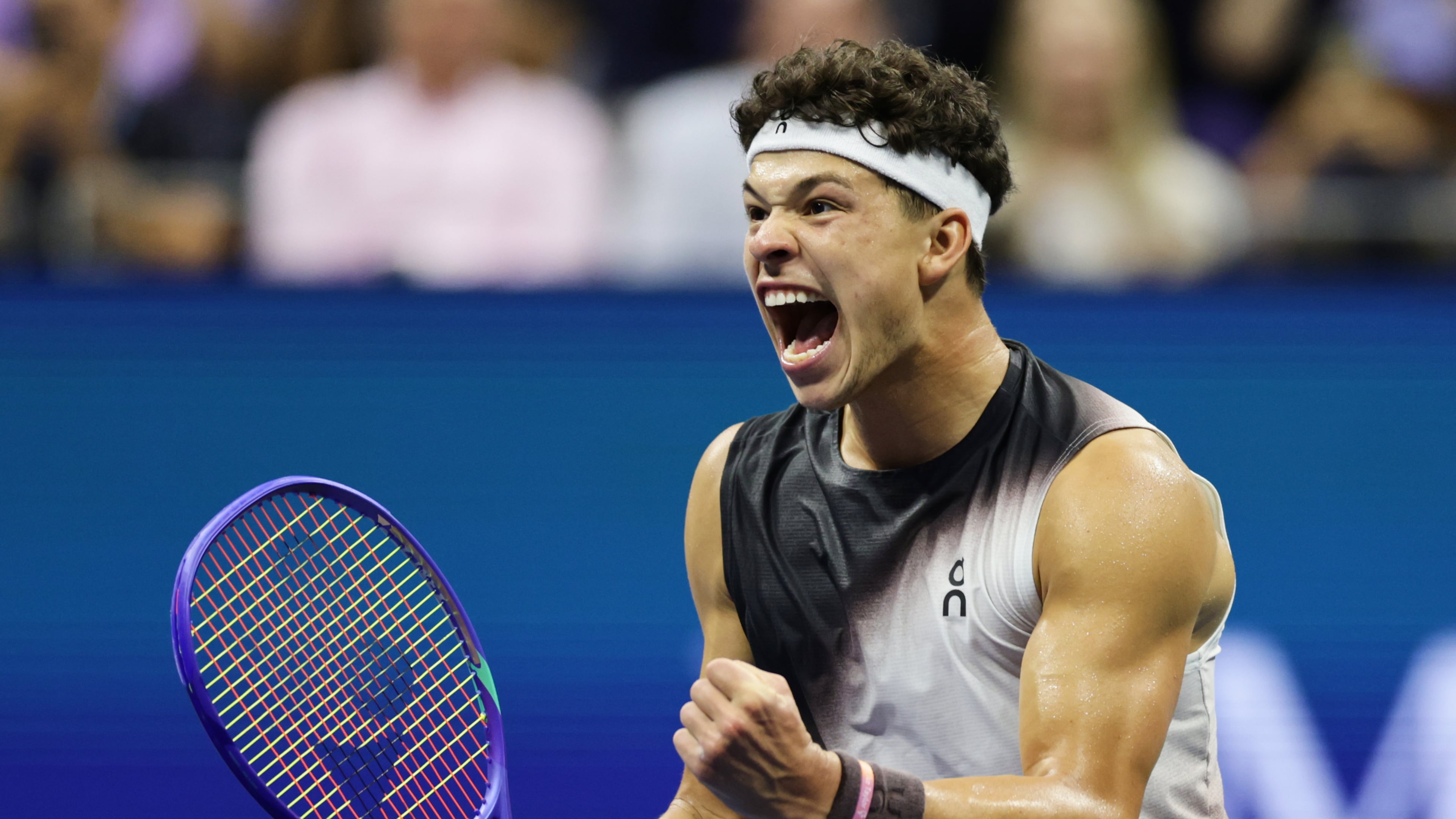 Ben Shelton, of the United States, celebrates after a point in the fifth set against Carlos Alcaraz, of Spain, during the quarterfinal round of the U.S. Open tennis championships, early Wednesday, Sept. 9, 2026, in New York. (AP Photo/Adam Hunger)