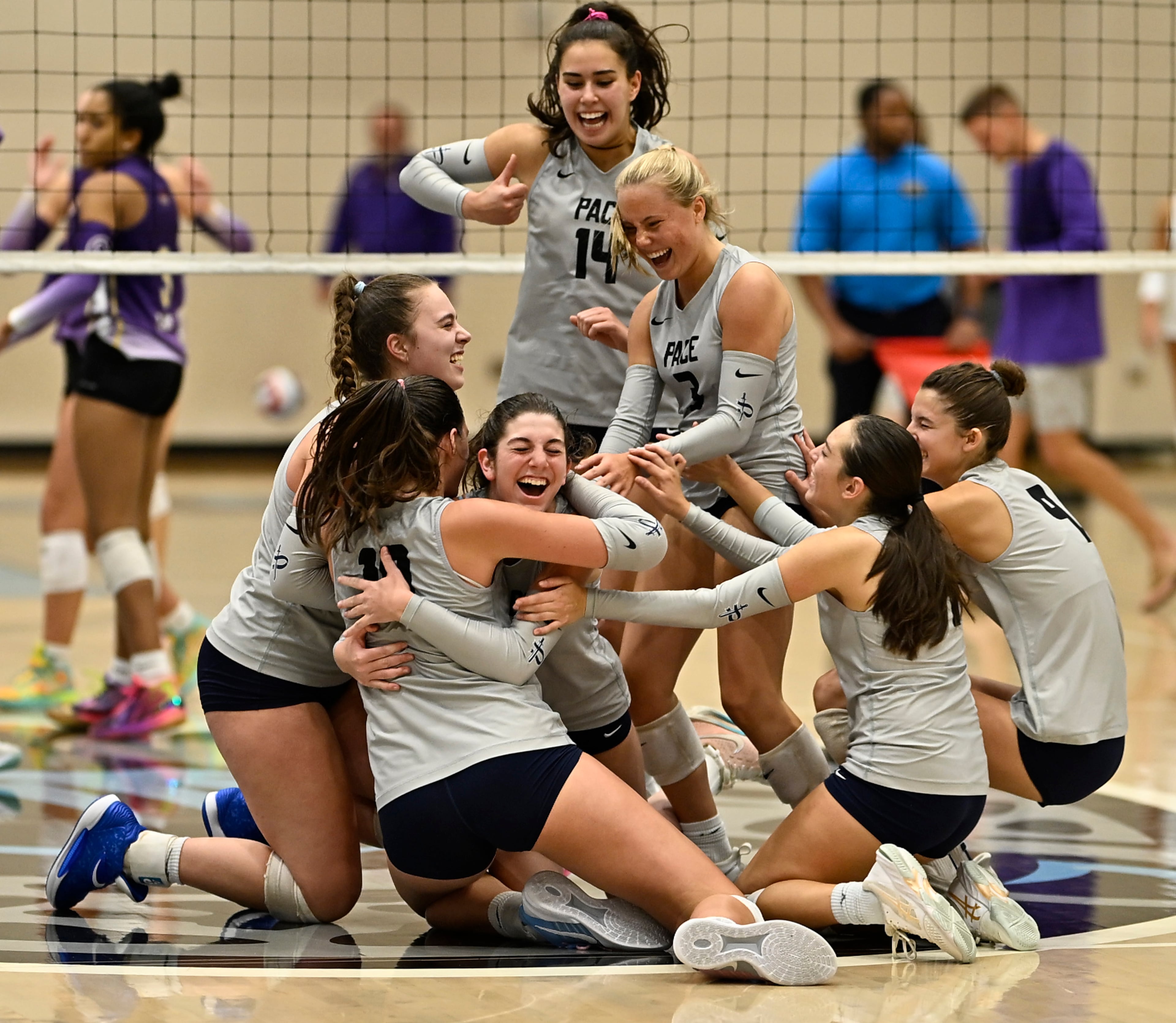 Pace Academy celebrates its semifinal win over Cartersville on Saturday, Oct. 25, 2025. The Knights won 3-1, dropping a set for the first time during their 16-match winning streak. (Courtesy of Dave Quick)