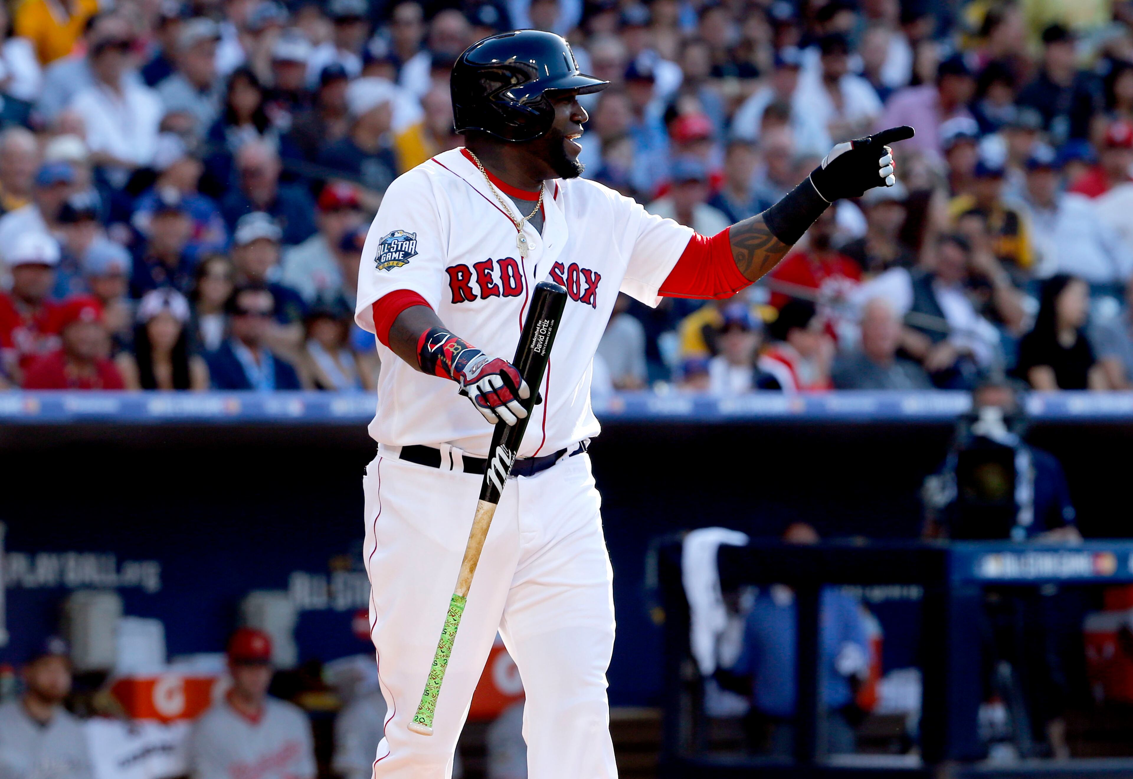 American League's David Ortiz, of the Boston Red Sox, points after drawing a walk during the third inning of the MLB baseball All-Star Game, Tuesday, July 12, 2016, in San Diego. (AP Photo/Lenny Ignelzi)