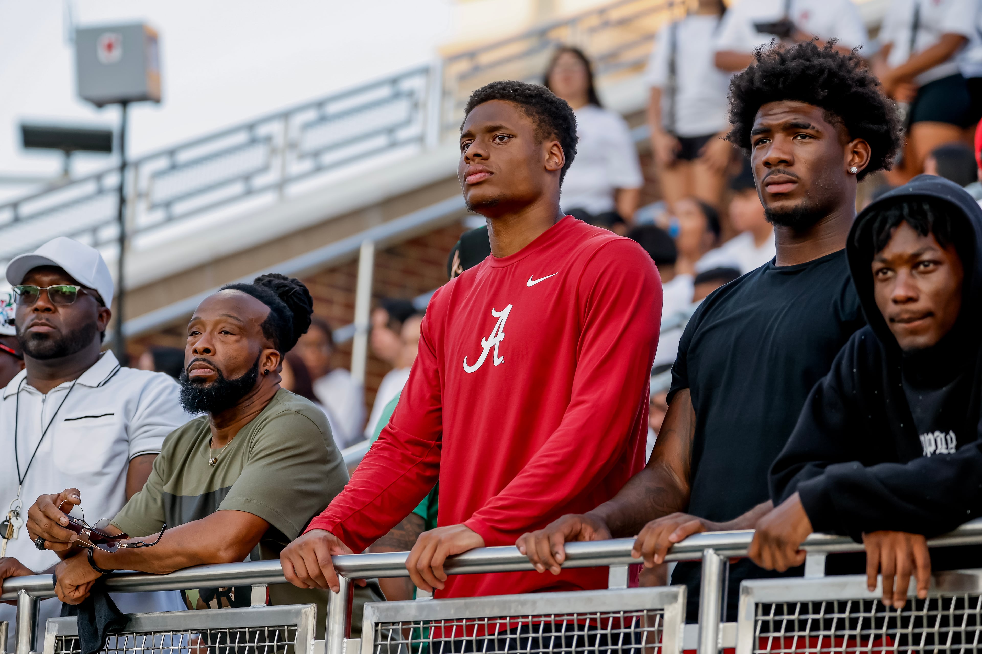 Xavier Griffin, a former Gainesville player now at Alabama, watches the game between Buford and Gainesville on Aug. 22, 2026. (Erik S. Lesser for the AJC)