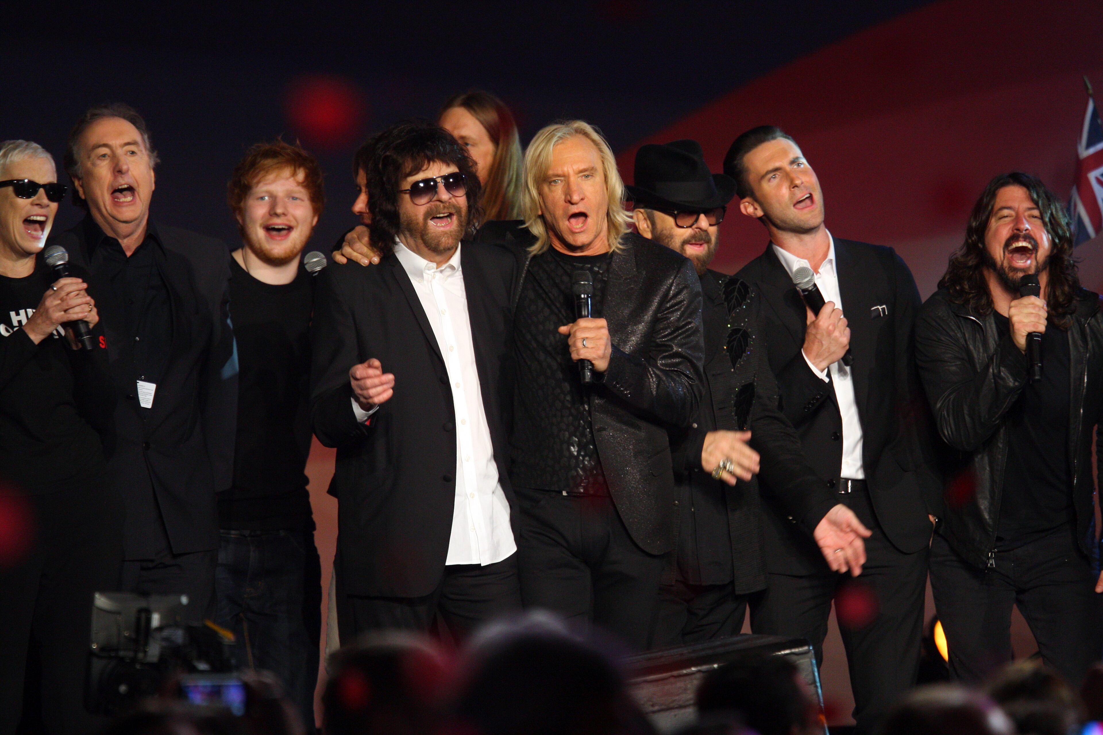 Annie Lennox, Eric Idle, Ed Sheeran, Jeff Lynne, Joe Walsh, Dave Stewart, Adam Levine and Dave Grohl perform at The Night that Changed America: A Grammy Salute to the Beatles, on Monday, Jan. 27, 2014, in Los Angeles. (Photo by Zach Cordner/Invision/AP)