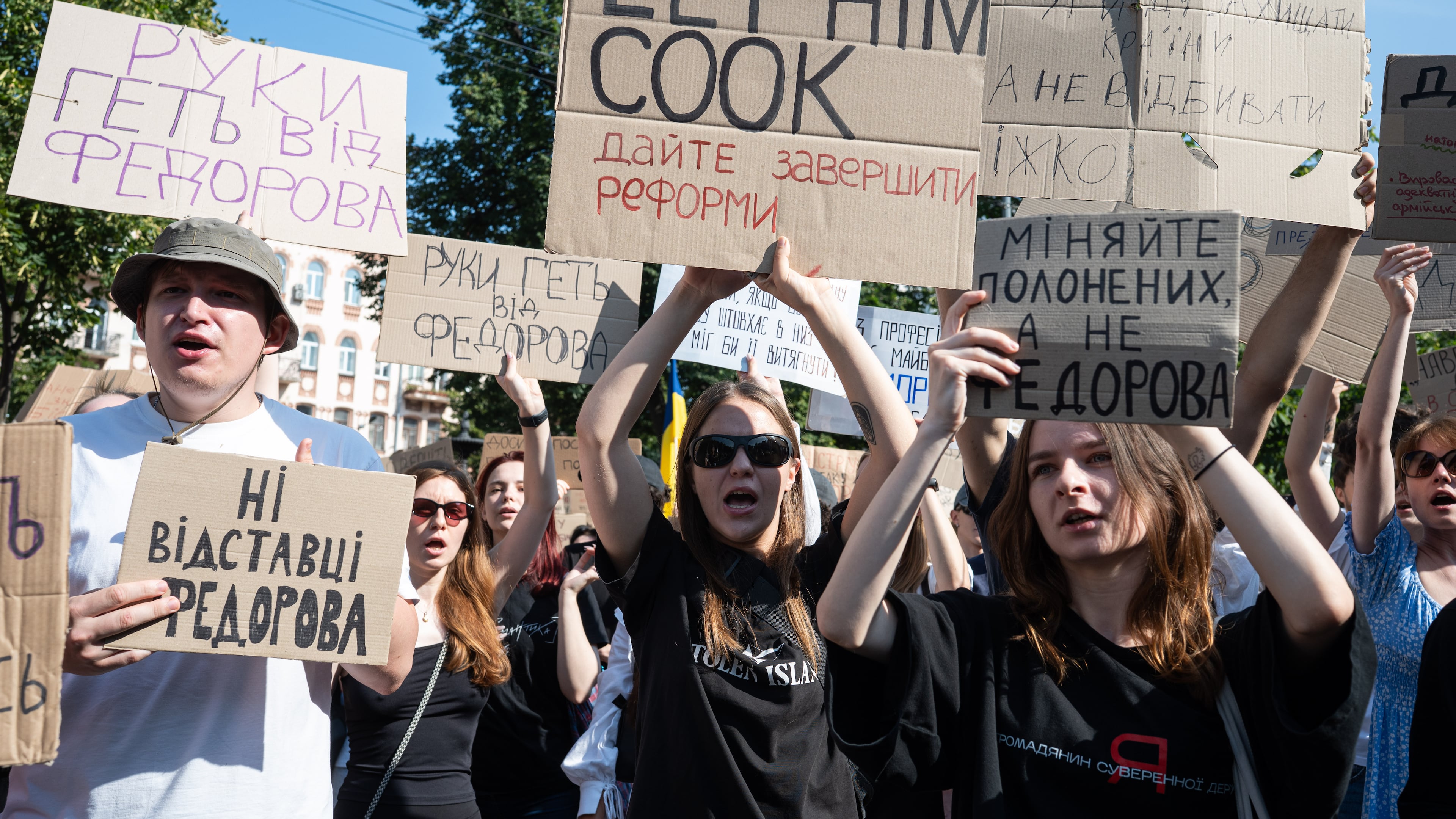 Ukrainians gather to denounce President Volodymyr Zelenskyy's decision to dismiss Defense Minister Mykhailo Fedorov after six months in the post, Kyiv, Ukraine, Thursday, July 16, 2026. (AP Photo/Danylo Antoniuk)
