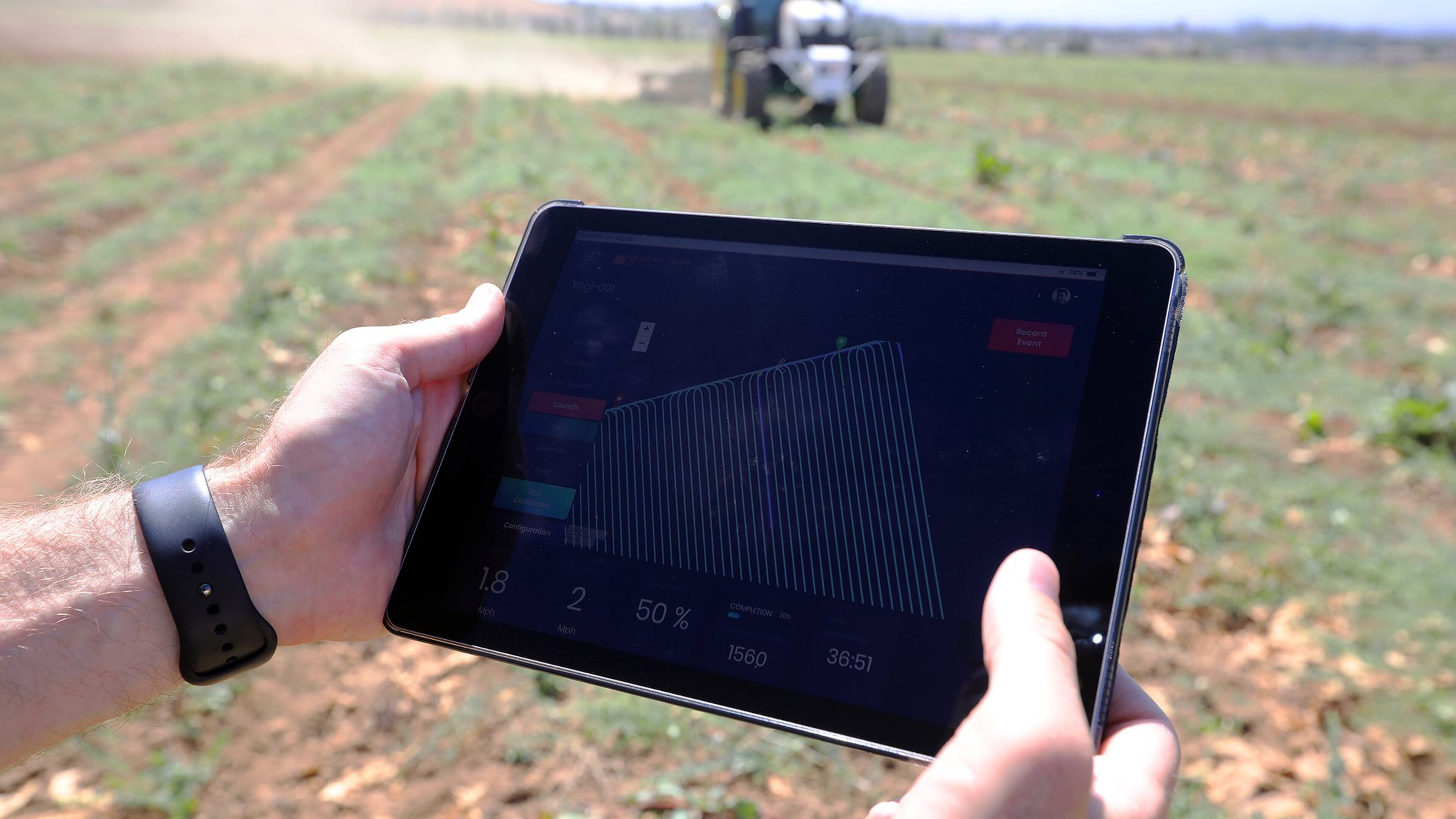 An iPad displays the pattern that a tractor will follow as it plows the field on a farm in Hollister, Calif., Aug. 30, 2019. From equipment automation to data collection and analysis, the digital evolution of agriculture is already a fact of life on farms across the United States. (Jim Wilson/The New York Times)