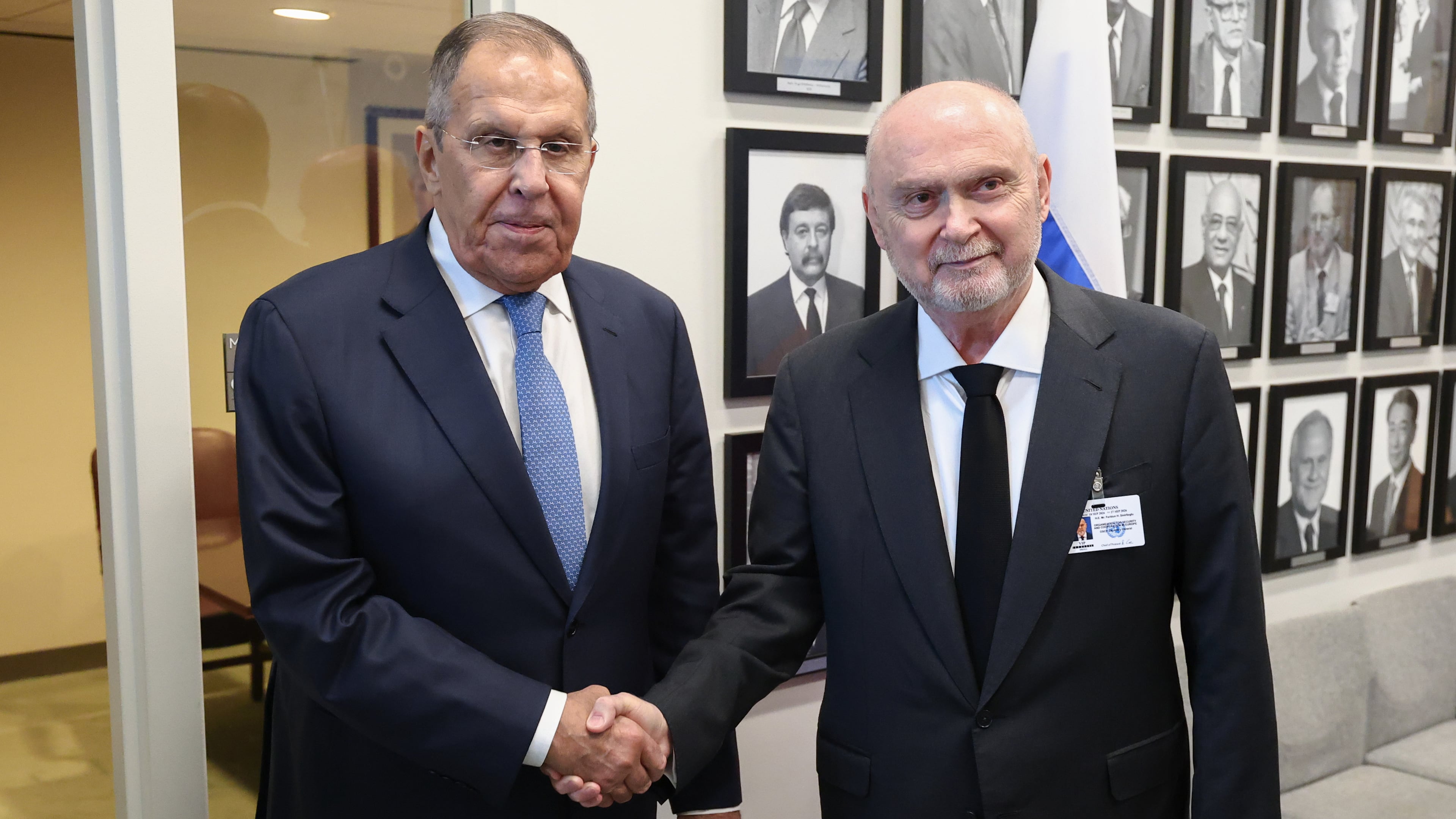 In this photo provided by Russian Foreign Ministry Press Service, Russian Foreign Minister Sergey Lavrov, left, and Secretary General of the Organization for Security and Co-operation in Europe Feridun Sinirlioglu shake hands on the sidelines of the U.N. General Assembly at the United Nations headquarters on Wednesday, Sept. 23, 2026. (Russian Foreign Ministry Press Service via AP)