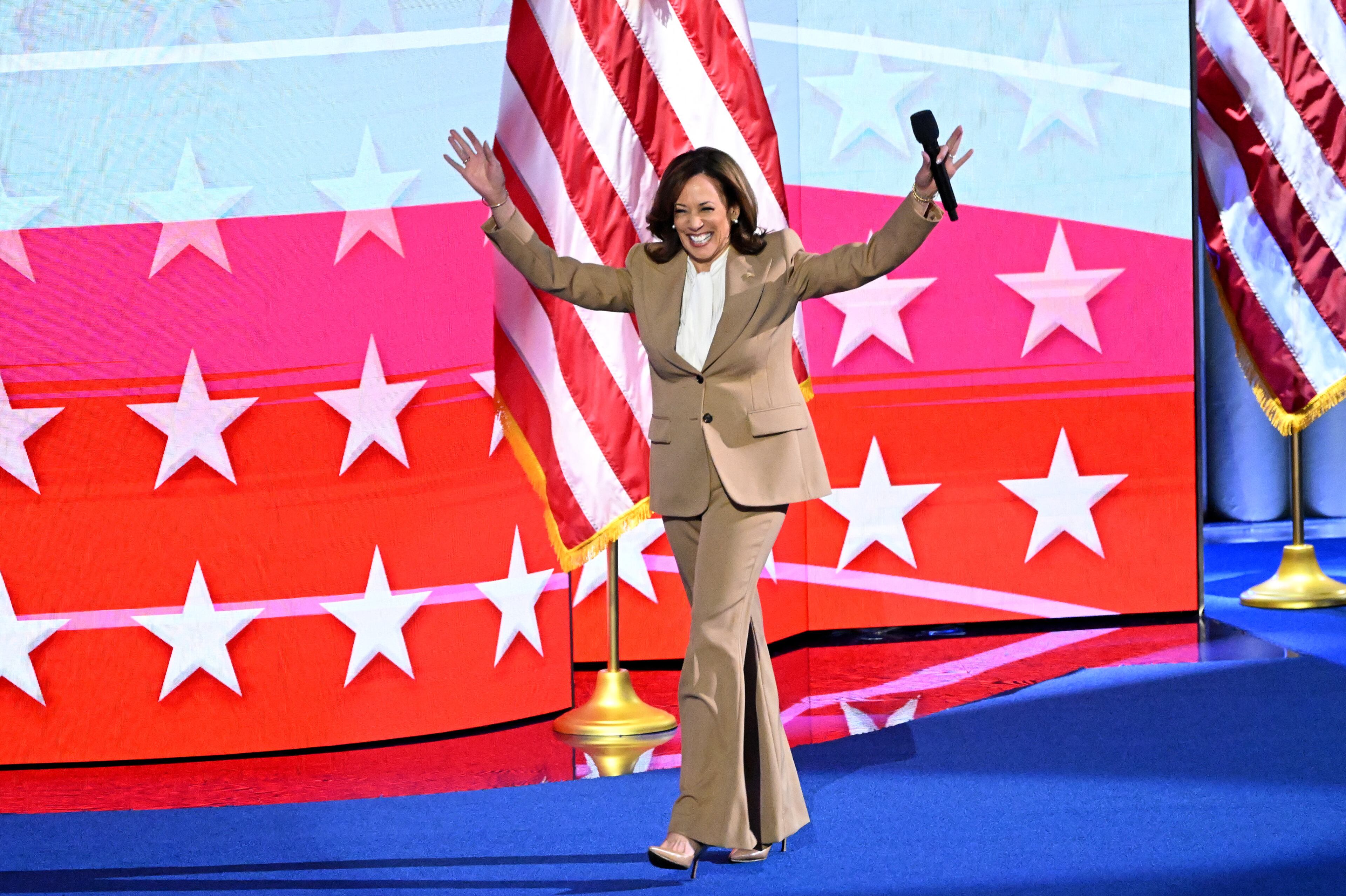 Vice President Kamala Harris appears on the stage during the day 1 of the Democratic National Convention at the United Center, Monday, August 19, 2024, in Chicago, Illinois. (Hyosub Shin / AJC)