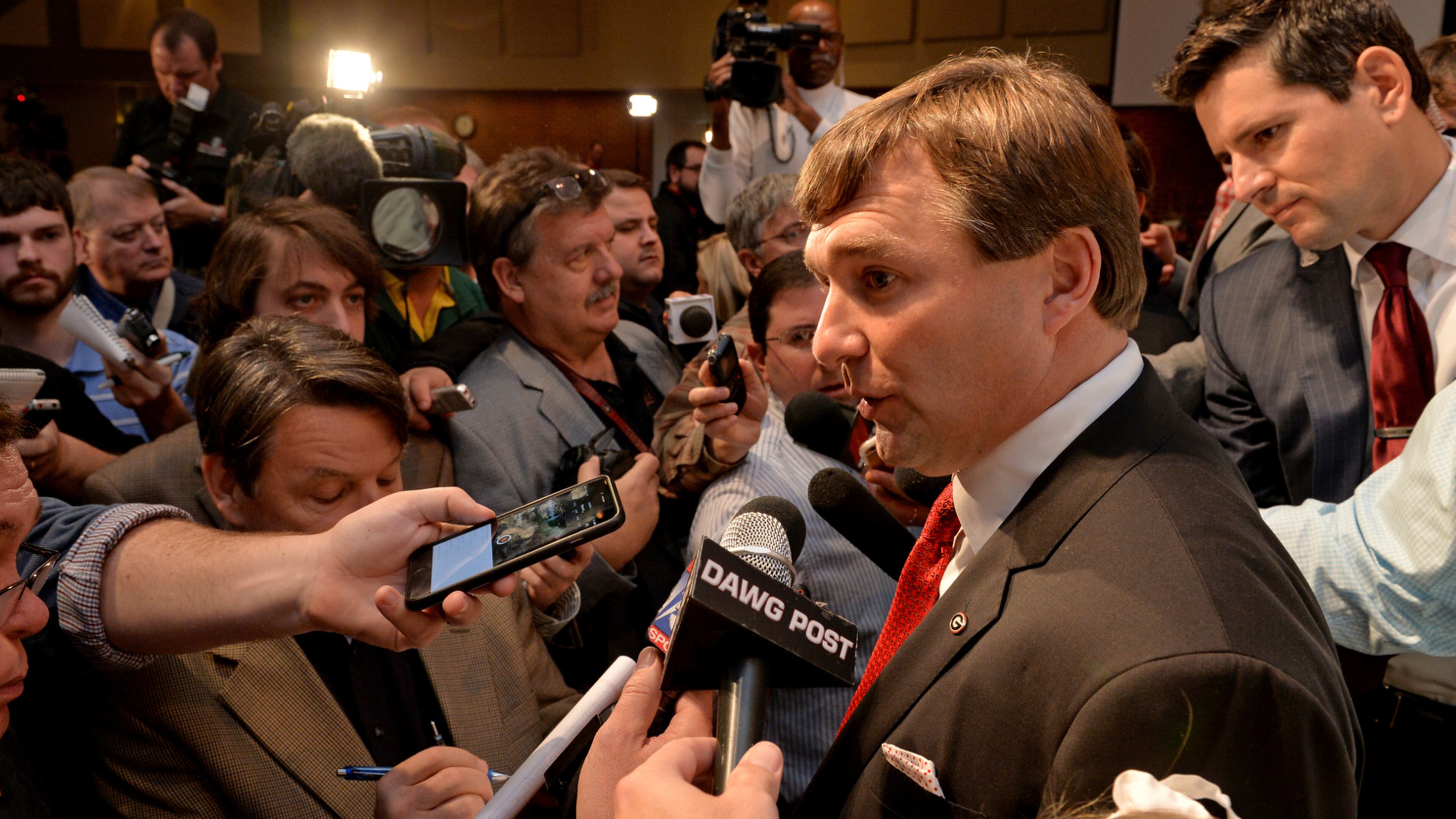 NEW COACH IN TOWN--December 7, 2015 Athens, GA: University of Alabama defensive coordinator Kirby Smart speaks to the media after being introduced as the new coach of the University of Georgia during a press conference Monday December 7, 2015 Smart was a former UGA player and coach. Smart replaced Mark Richt after 15 seasons at the helm of the Bulldogs. BRANT SANDERLIN/BSANDERLIN@AJC.COM