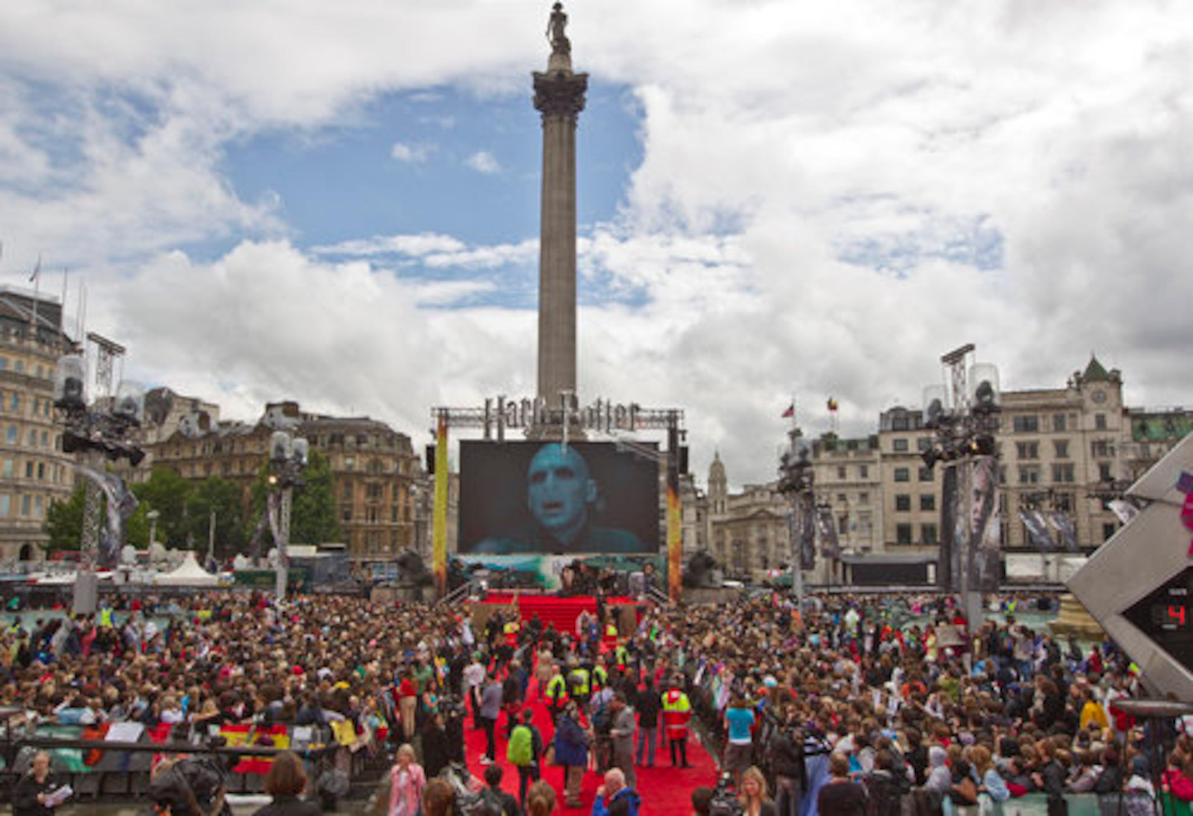 Harry Potter fans gather in Trafalgar Square in central London for the premiere of "Harry Potter and the Deathly Hallows: Part 2." Braving rain that made it almost impossible to sleep, the fans took shelter under large umbrellas to mark their spot.
