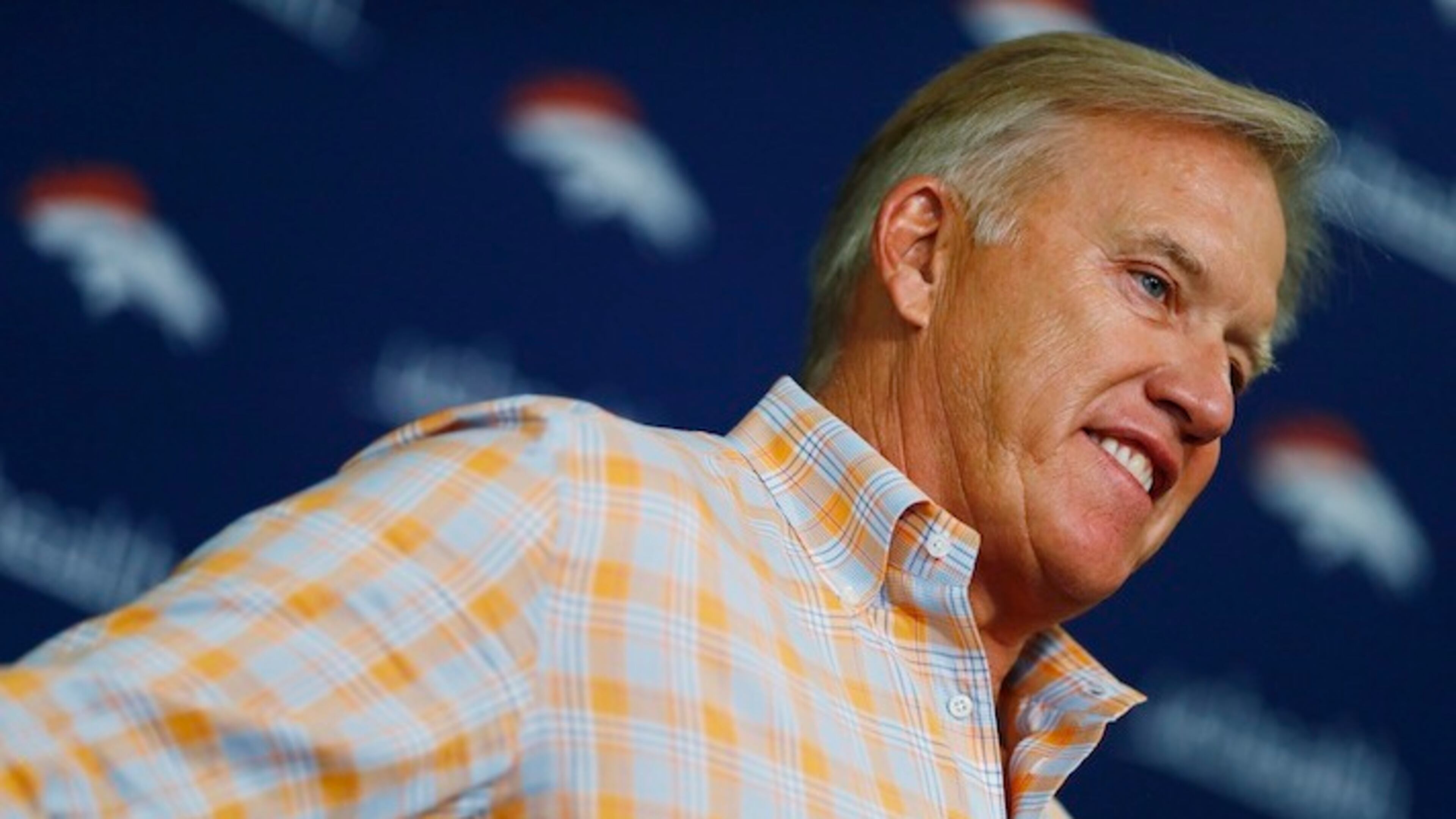 File--In this Monday, April 24, 2017, file photograph, John Elway, general manager of the Denver Broncos, talks about the team's plans in the upcoming NFL Draft during a news conference at the team's headquarters in Englewood, Colo. (AP Photo/David Zalubowski, file)
