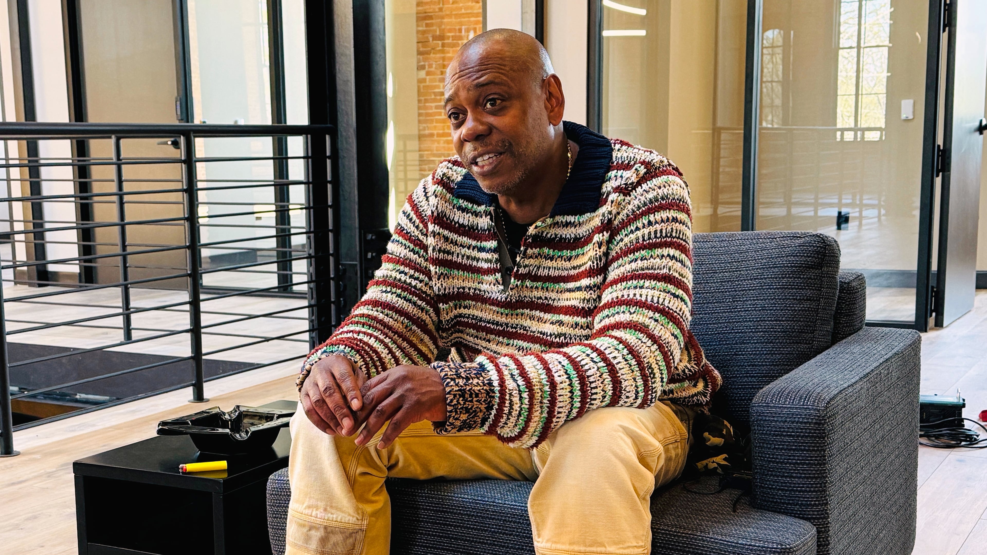 Comedian Dave Chappelle appears during an interview in Yellow Springs, Ohio on April 8, 2026. (AP Photo/Patrick Aftoora-Orsagos)