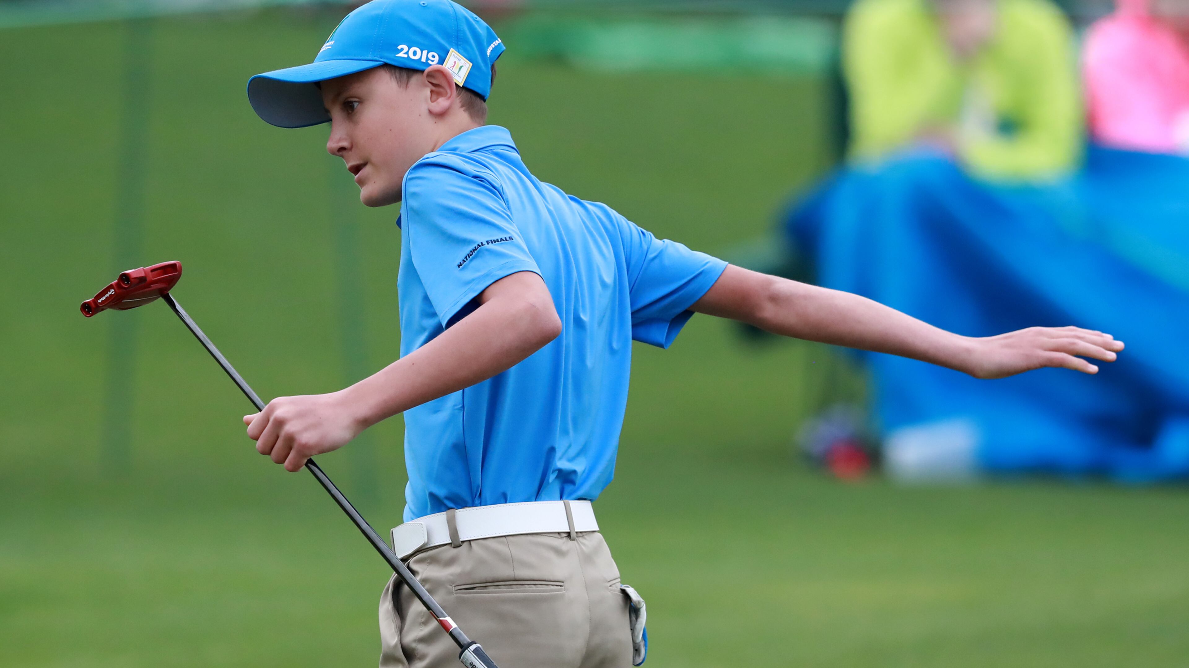 Alec Cesare, boys 14-15, reacts to just missing his putt on the 18th green during the Drive, Chip, and Putt Championship Sunday, April 7, 2019, at Augusta National Golf Club in Augusta.