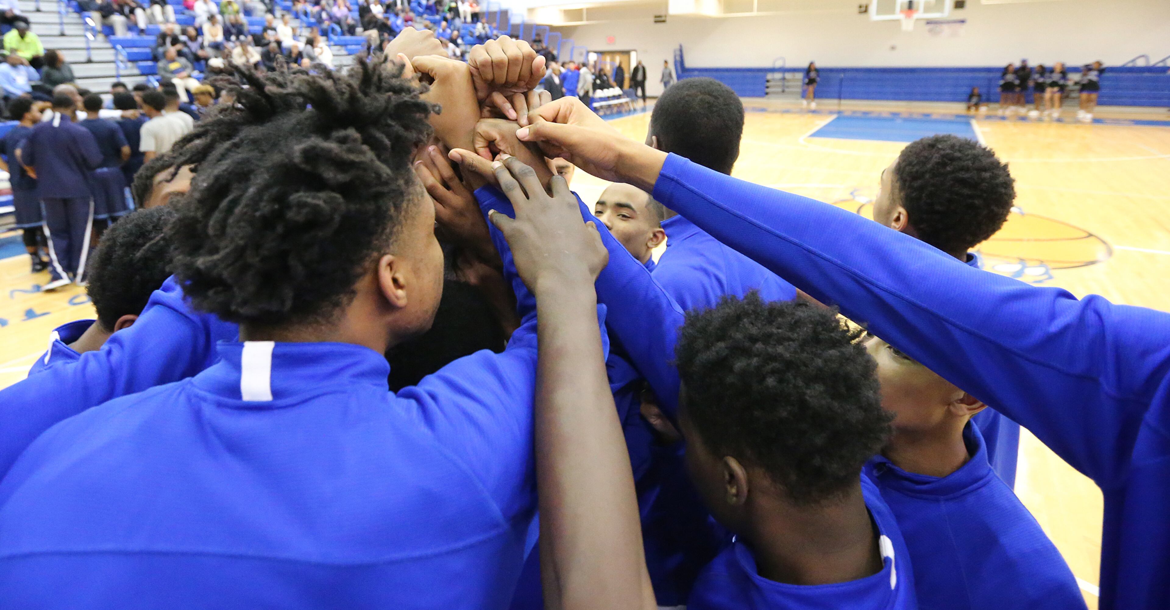 The Westlake Lions huddle up as they prepare to play Lovejoy in a first round playoff basketball game on Wednesday, Feb 17, 2016, in Atlanta. Curtis Compton / ccompton@ajc.com