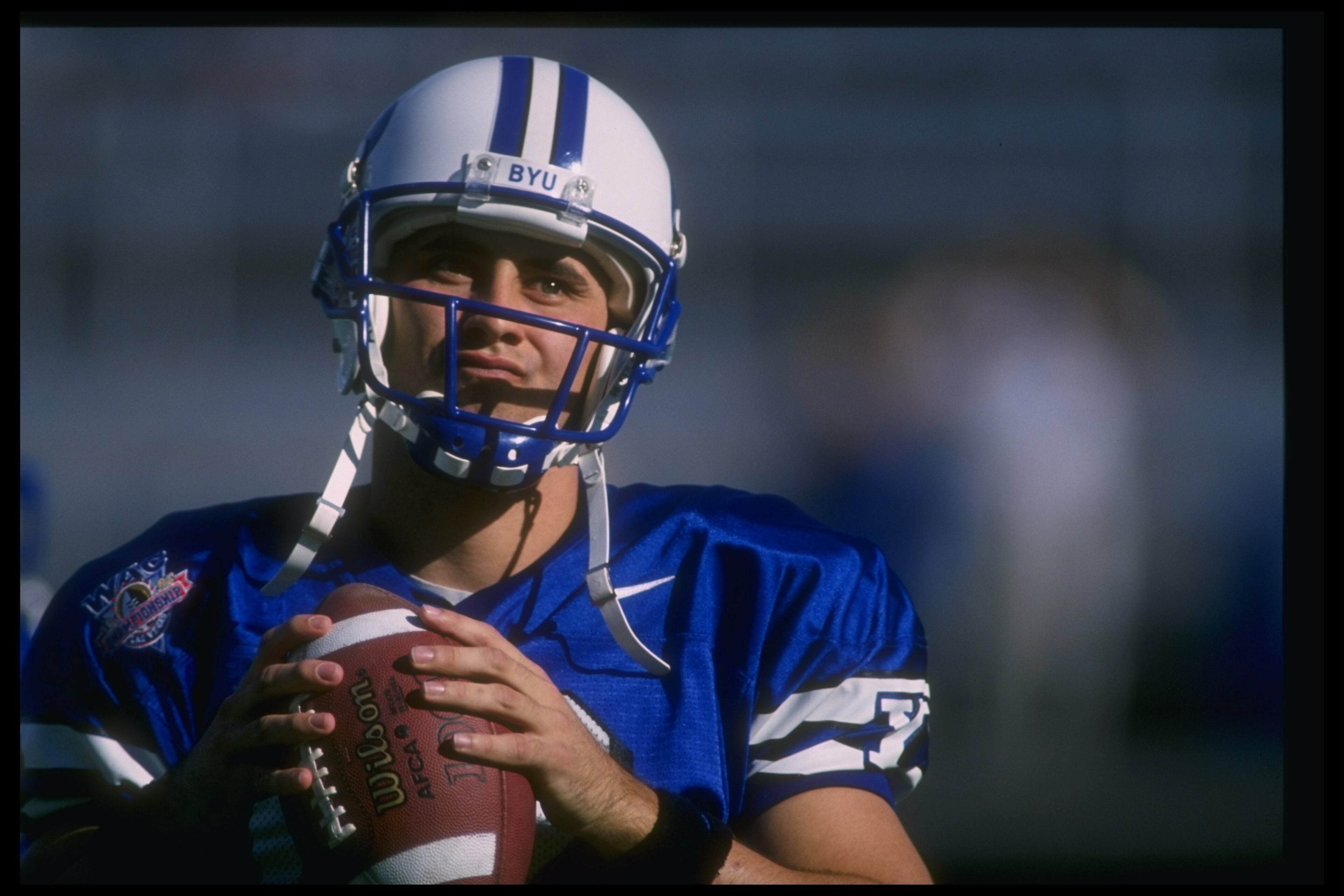 7 Dec 1996: Quarterback Steve Sarkisian of the Brigham Young Cougars looks on during a game against the Wyoming Cowboys at Sam Boyd Stadium in Las Vegas, Nevada. BYU won the game, 28-25. Mandatory Credit: Todd Warshaw/Allsport