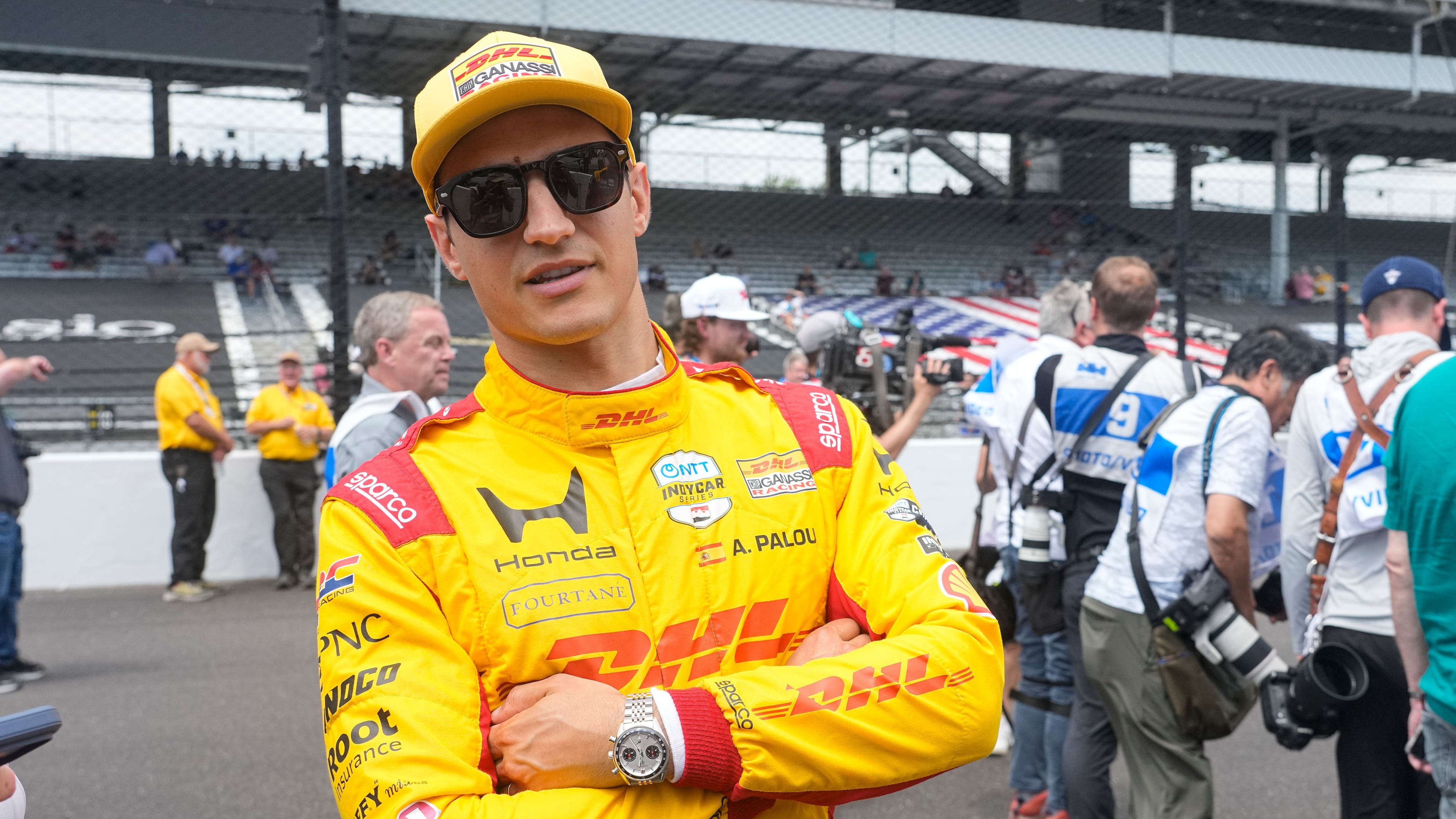 Alex Palou, of Spain, pauses during a photo session before practice for the Indianapolis 500 auto race at the Indianapolis Motor Speedway in Indianapolis, Monday, May 18, 2026. (AP Photo/Michael Conroy)