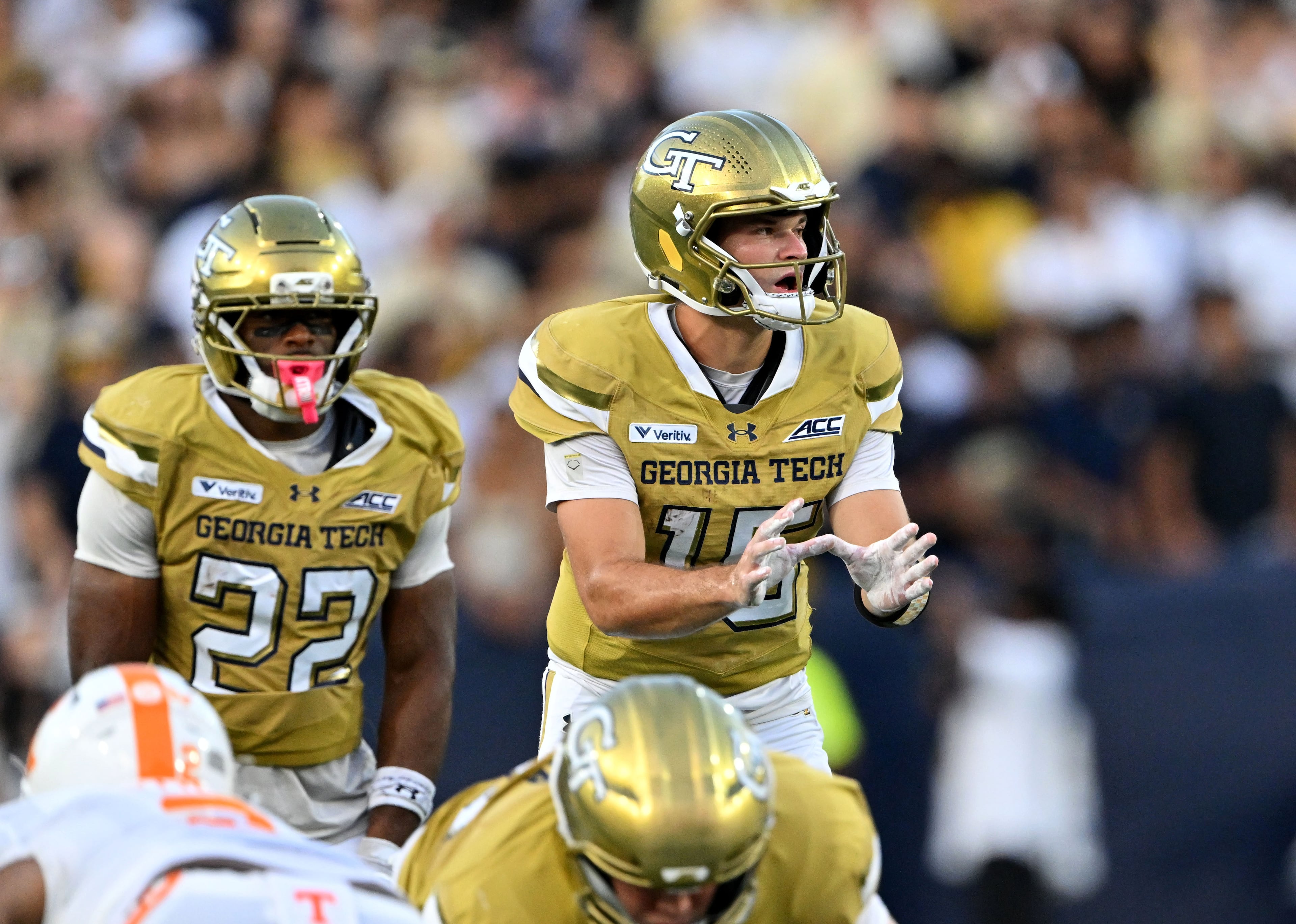 Georgia Tech quarterback Alberto Mendoza shouts instructions during the first half against Tennessee at Bobby Dodd Stadium on Saturday, Sept. 12, 2026, in Atlanta. (Hyosub Shin/AJC)